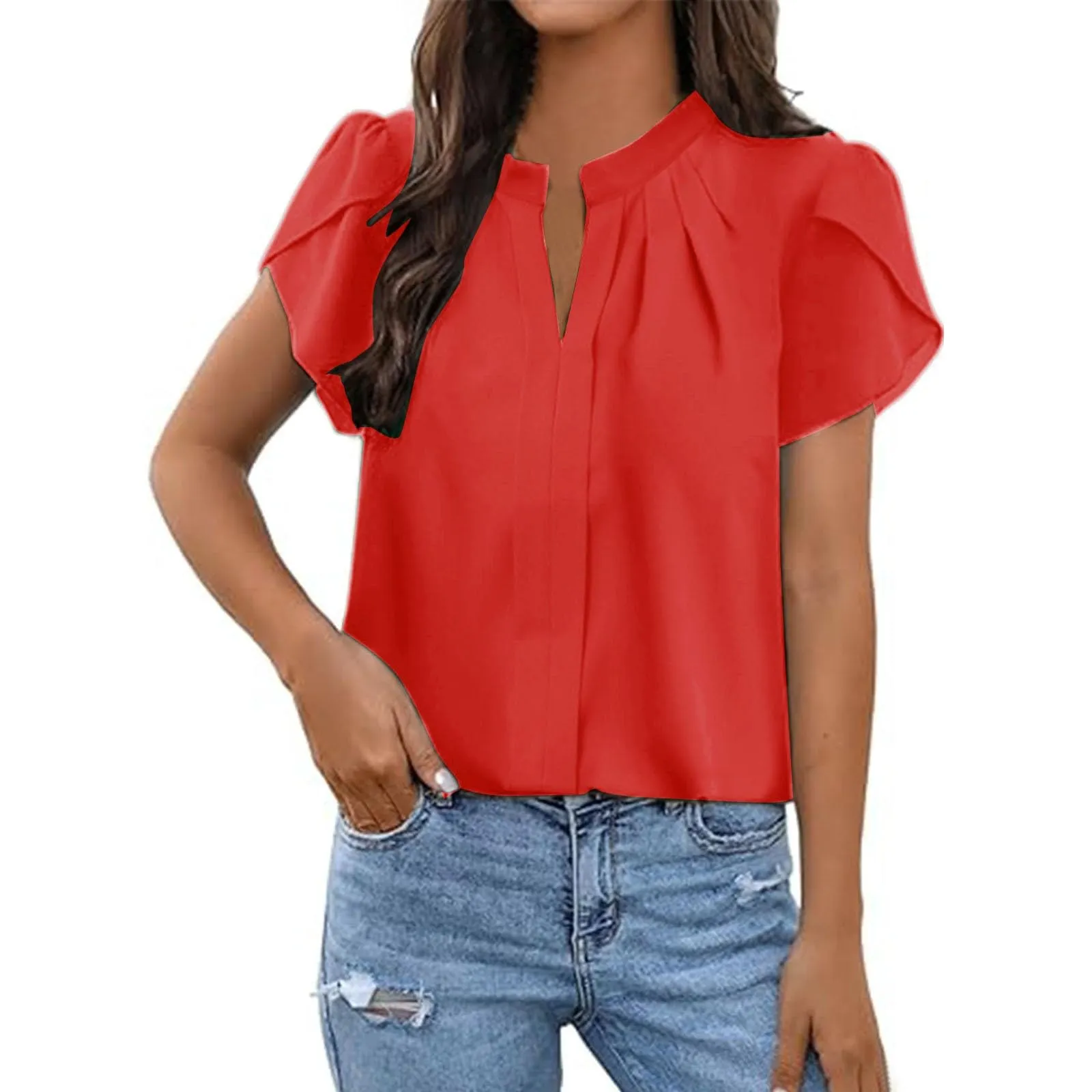 Uwdiohq Women's Slim Fit Chiffon T-Shirt, Bianco with Ruffle Sleeves, Short Sleeve Casual Cotton Summer Top - immagine 1