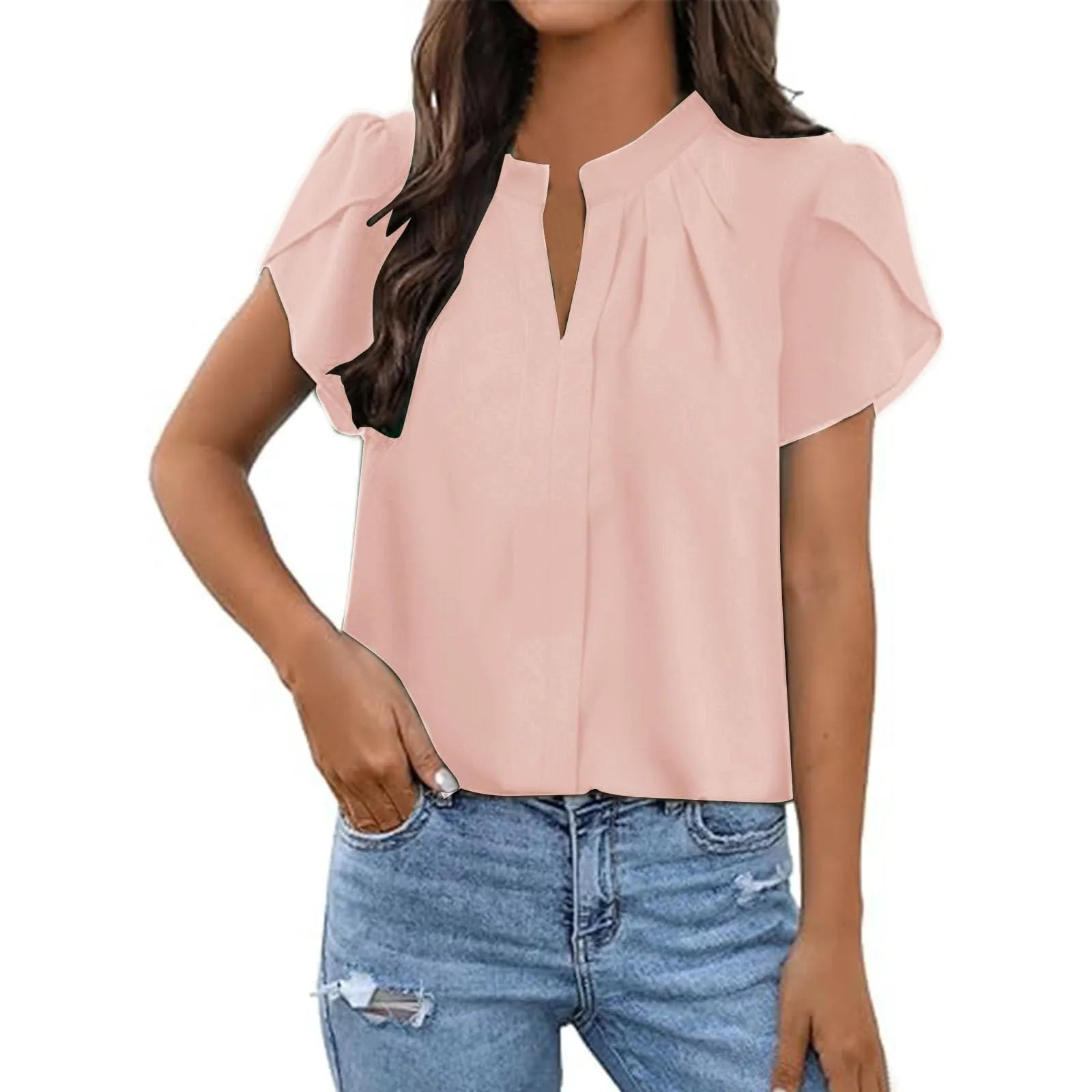 Uwdiohq Women's Slim Fit Chiffon T-Shirt, White, Short Sleeve with Ruffle Sleeves, Casual Summer Cotton Body - immagine 1