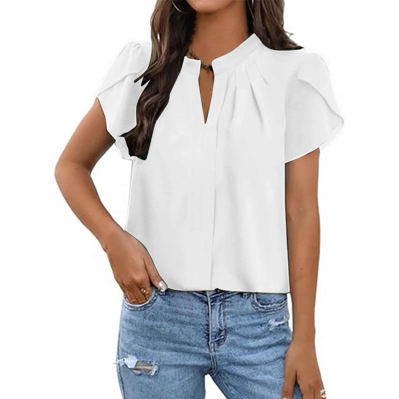Uwdiohq T-Shirt Slim Fit in Chiffon Bianco con Maniche A Volant Casual da Donna a Maniche Corte - immagine 5