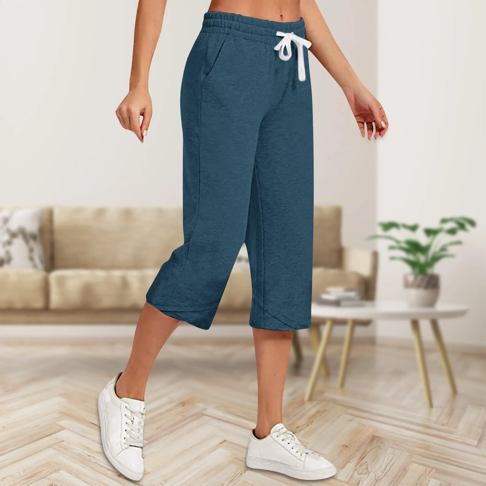HEONSATI Pinocchietti Donna Pantaloni Capri in Cotone 7/8 Gamba Dritta con Coulisse Regolabile - immagine 2