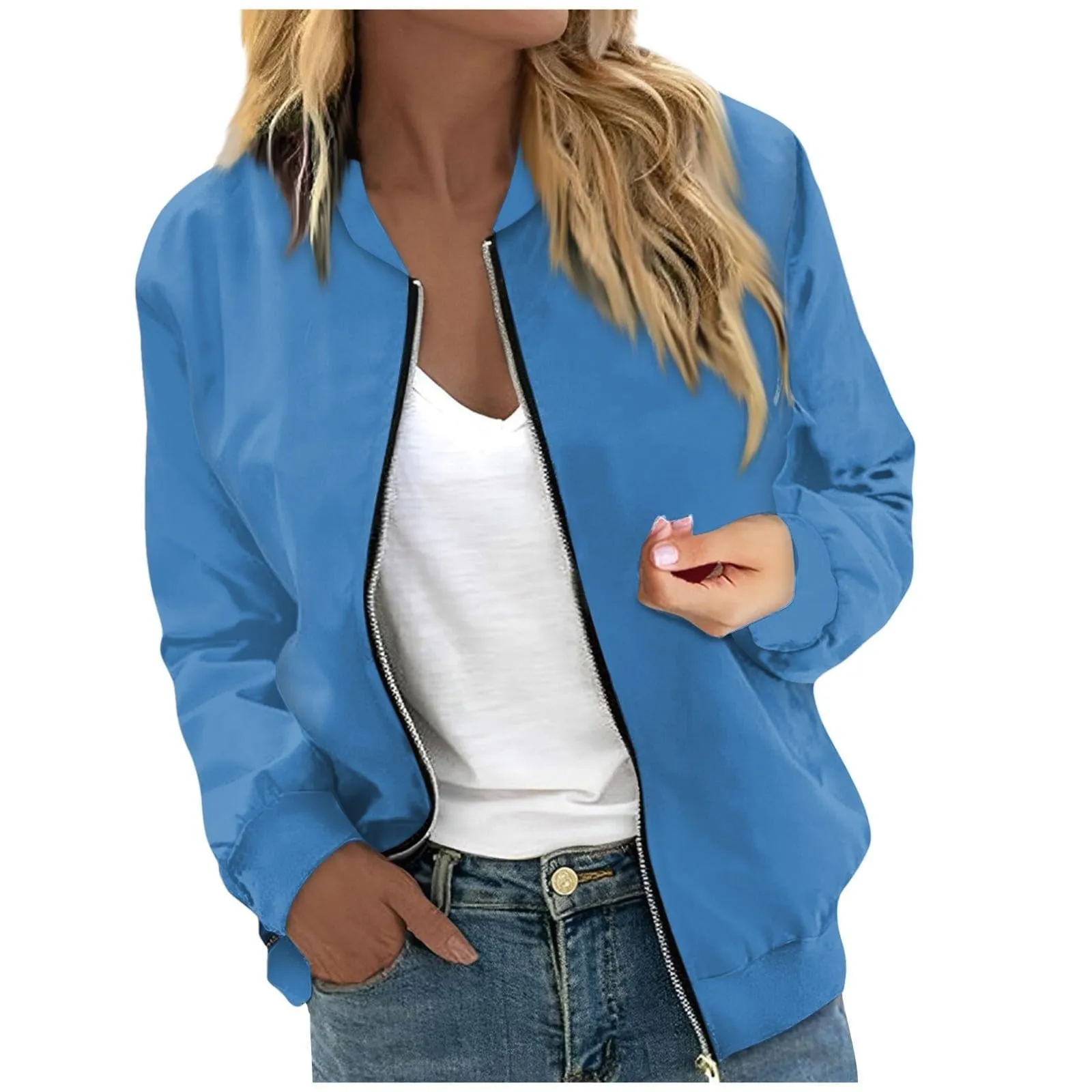 Generico Bomber Donna Primaverile Giacca Elegante Stile Retrò Casual Leggera Blu XXL - immagine 1
