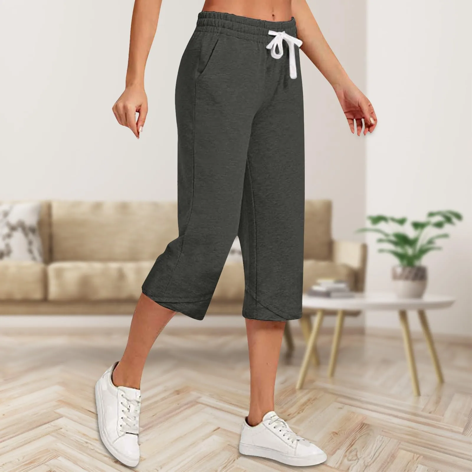 HEONSATI Pinocchietti Donna Pantaloni Capri in Cotone 7/8 Gamba Dritta Taglie Forti Grigio Scuro - immagine 2