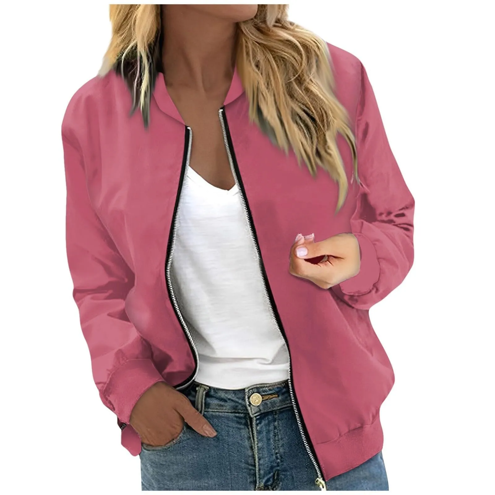 Generico Giubbotto Donna Leggero Stile Retrò Bomber Corto Rosa XL - immagine 1