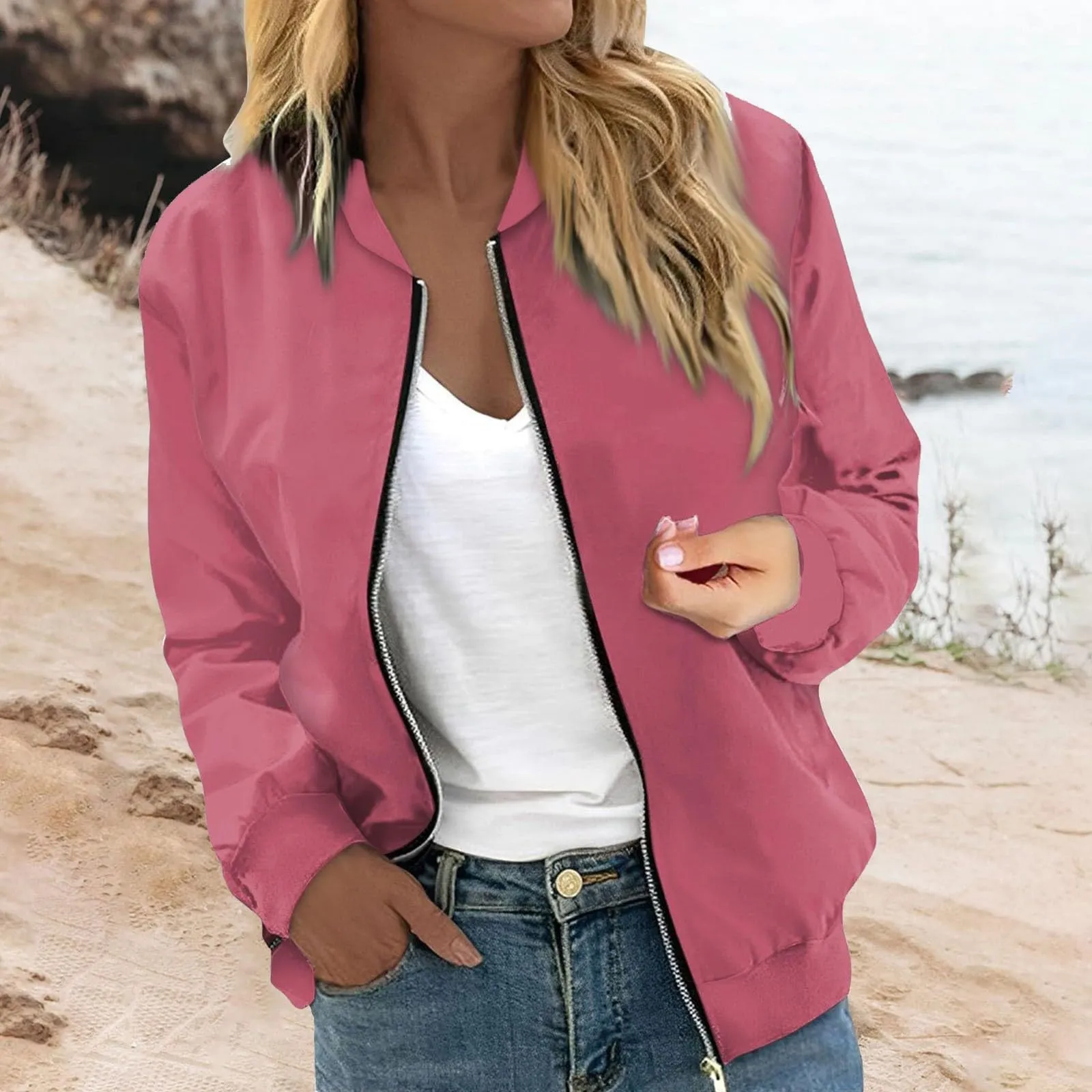 Generico Giubbotto Donna Leggero Stile Retrò Bomber Corto Rosa XL - immagine 2
