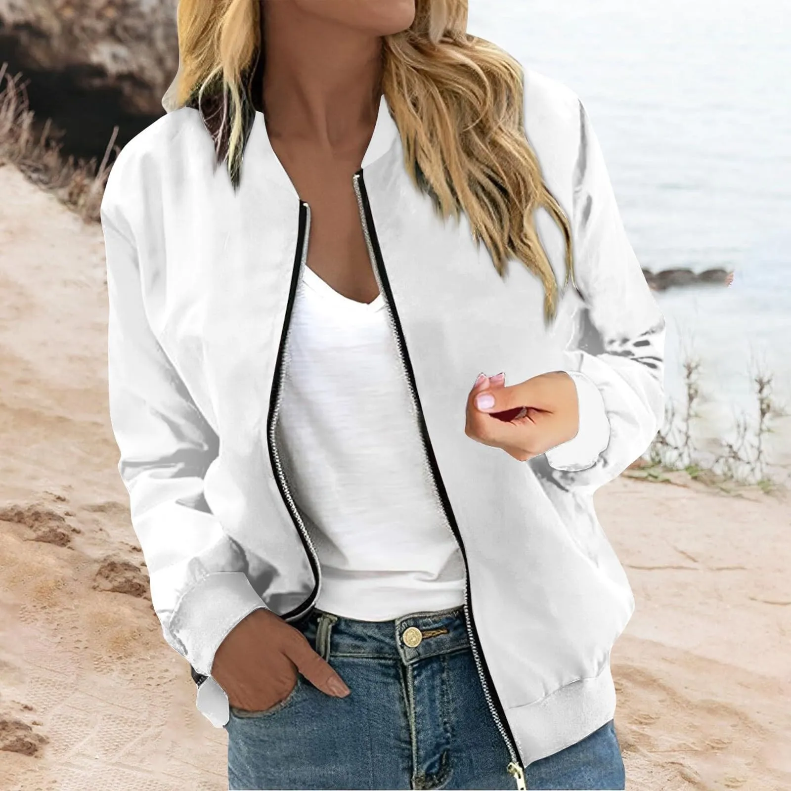 Generico Bomber Donna Primavera Giacca Leggera Stampa Baseball Slim Fit - immagine 2