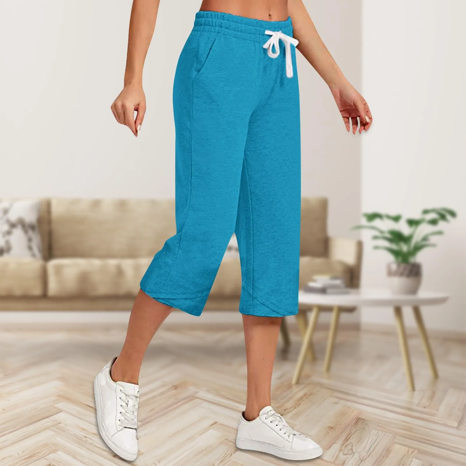 HEONSATI Pinocchietti Donna Pantaloni Capri in Cotone 7/8 Gamba Dritta con Coulisse Regolabile - immagine 2