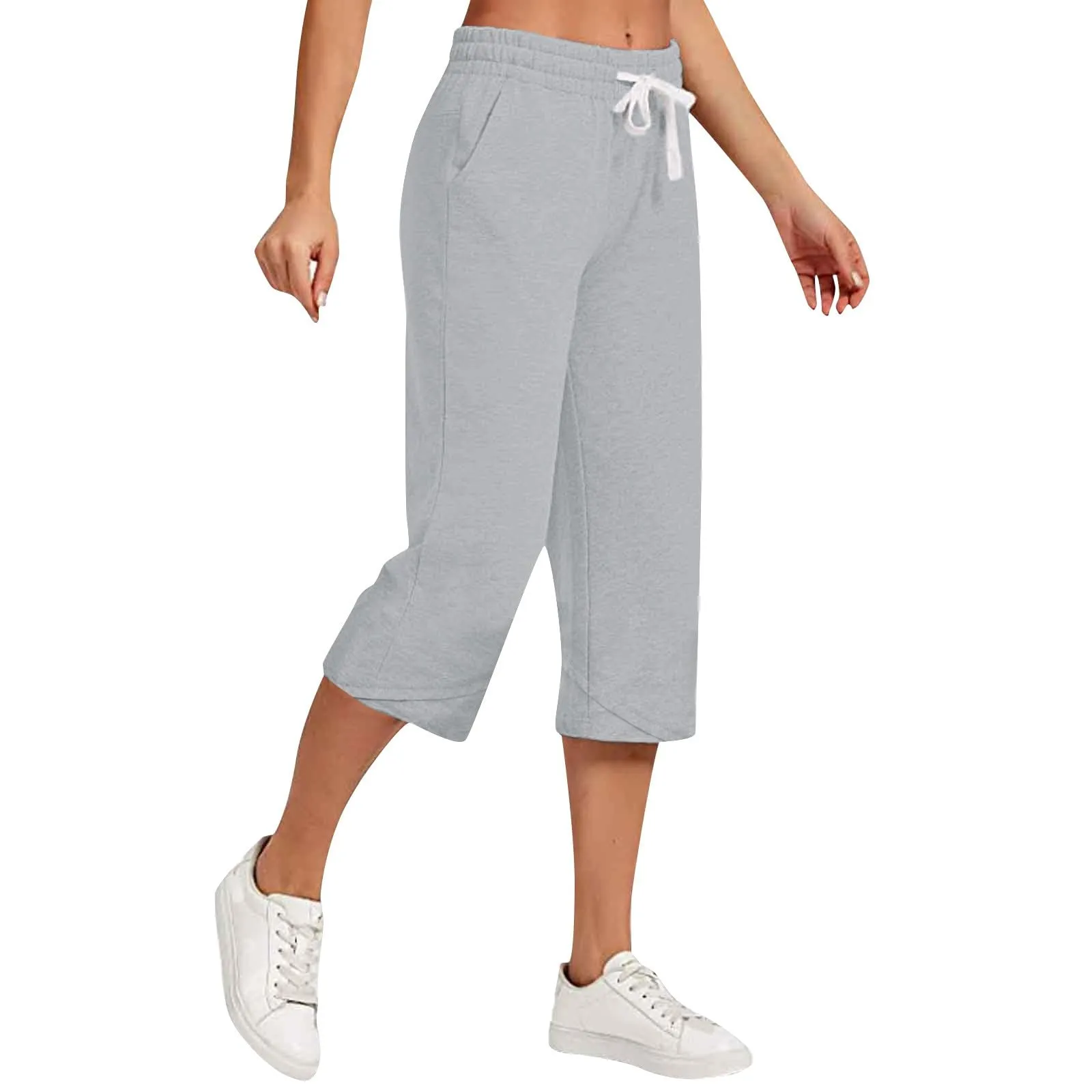 HEONSATI Pinocchietti Donna Pantaloni Capri in Cotone Estivi Leggeri 7/8 con Coulisse Regolabile Taglie Forti Grigio - immagine 1