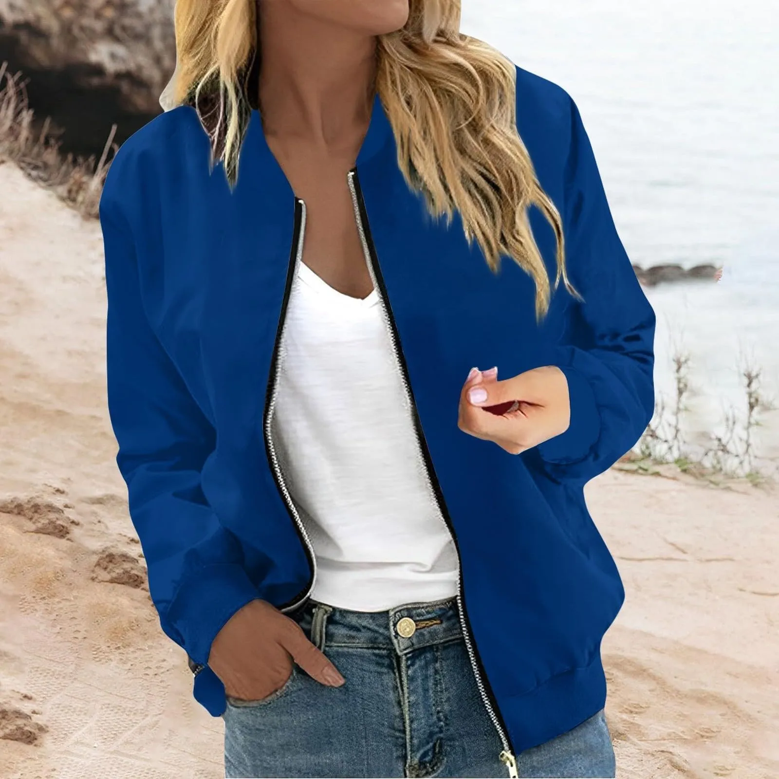 Generico Giubbino Leggero Donna Giacca Mezza Stagione Bomber Casual Zip Up Antivento con Tasche - immagine 2
