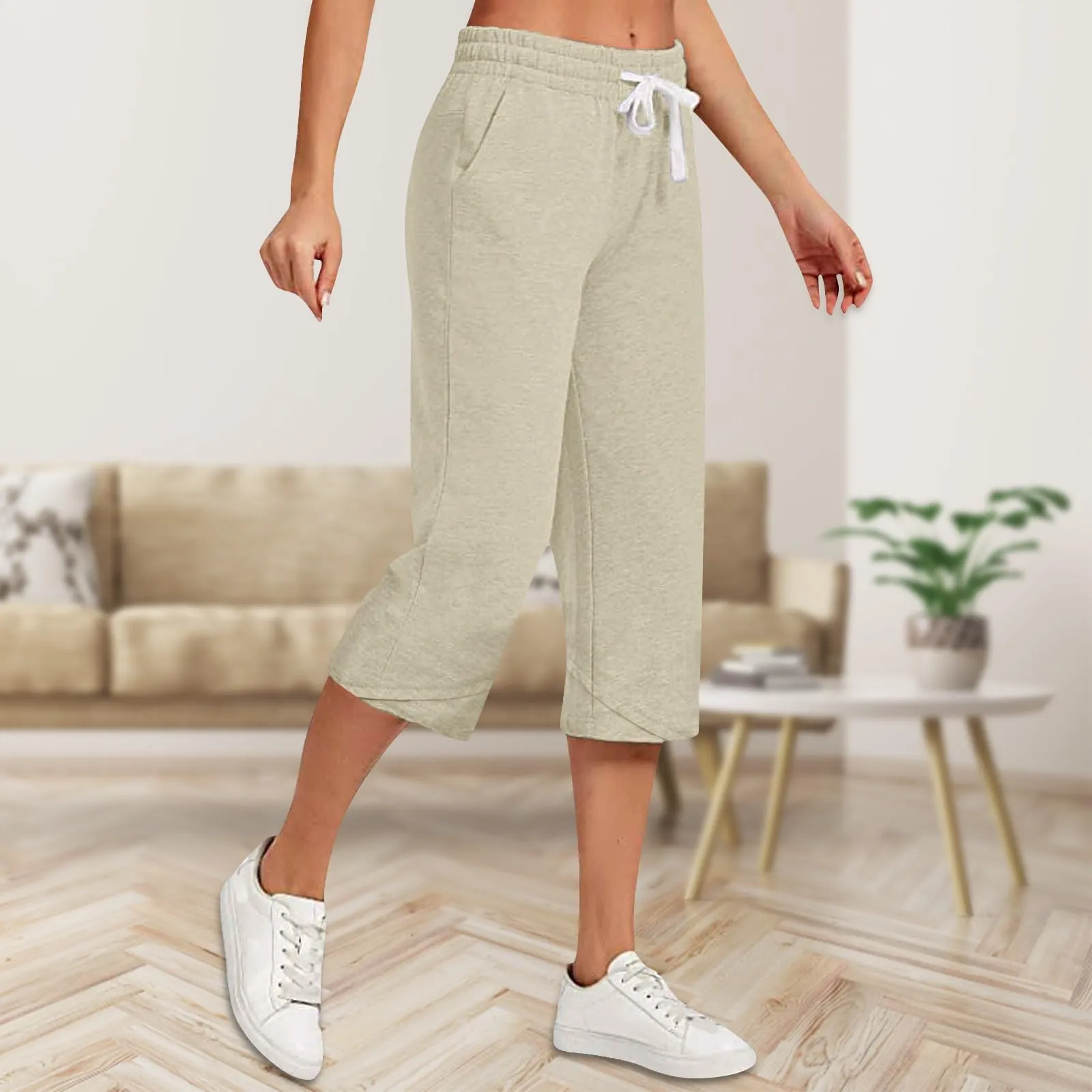 HEONSATI Pinocchietti Donna Pantaloni Capri in Cotone 7/8 con Coulisse Regolabile - immagine 2