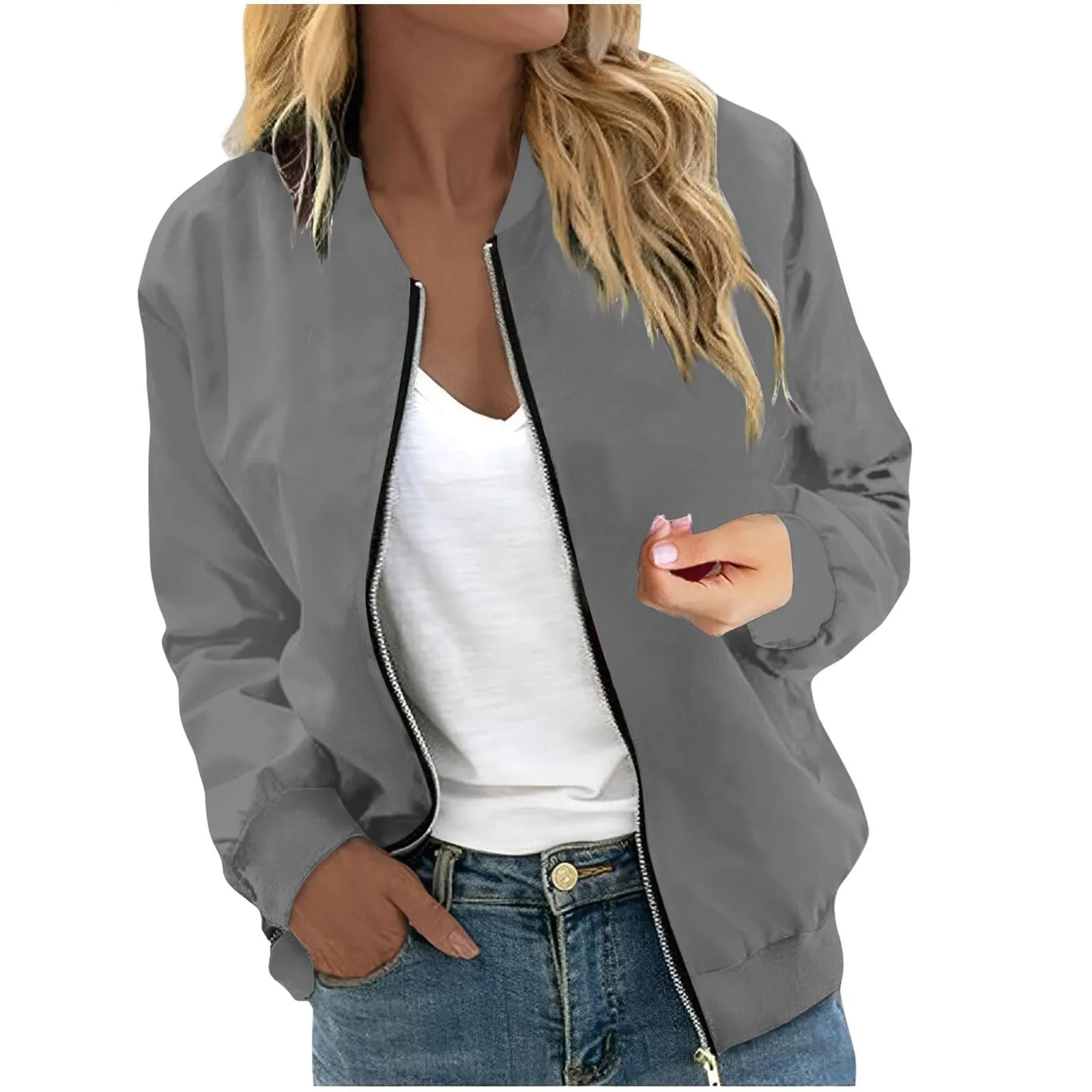 Generico Giubbotto Donna Leggero Bomber Casual Zip Up Antivento con Tasche - immagine 1