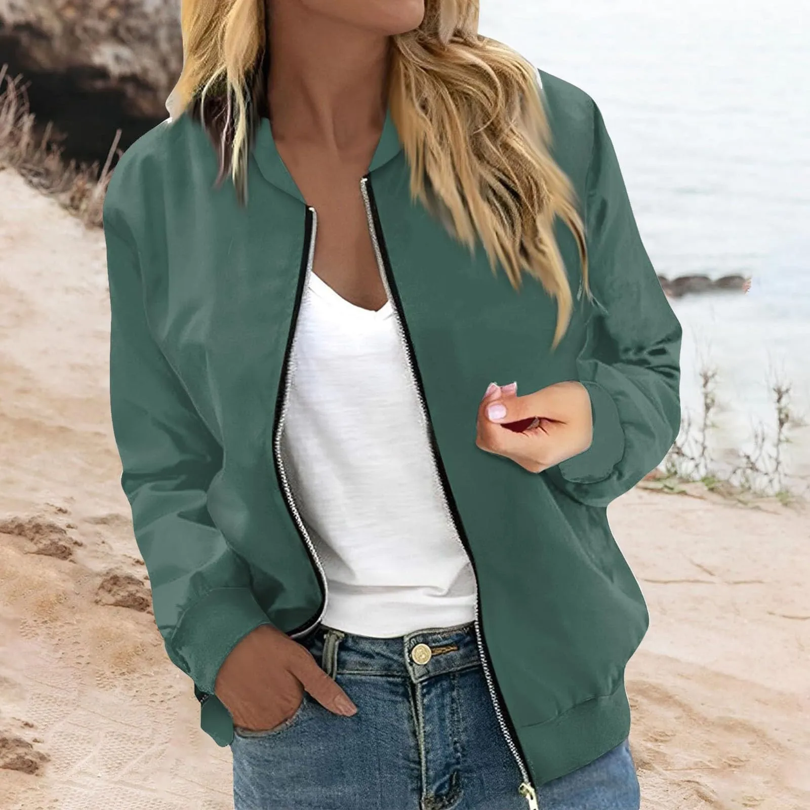 Generico Bomber Donna Vintage Giubbino Elegante Corto Casual Zip Up Giacca a Vento con Tasche - immagine 2