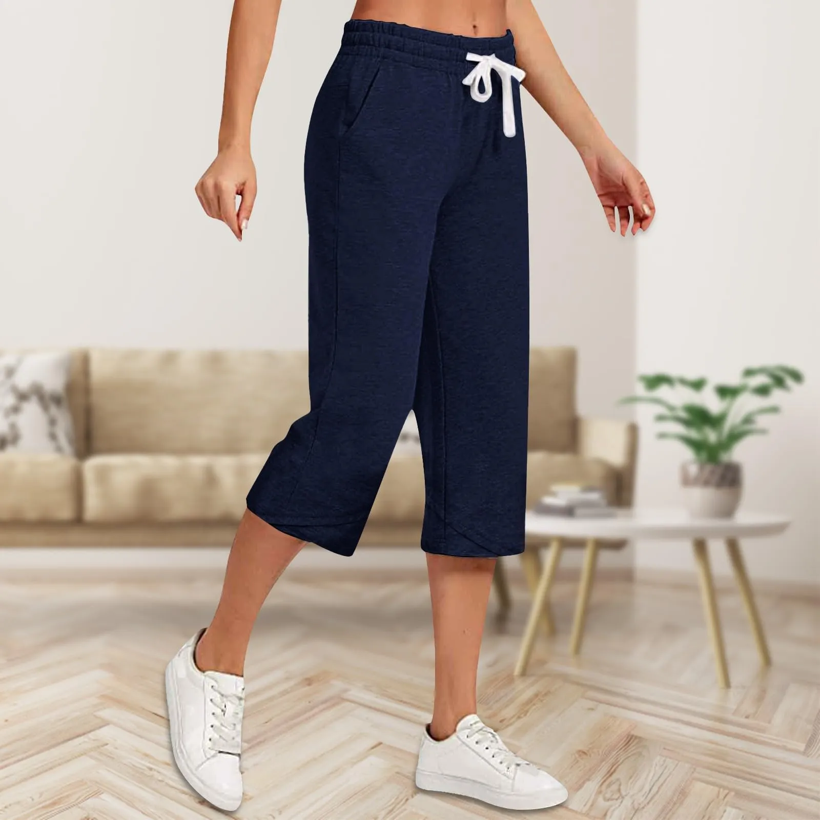 HEONSATI Pantaloni Capri Donna in Cotone Coulisse Regolabile Gamba Dritta Taglie Forti - immagine 2