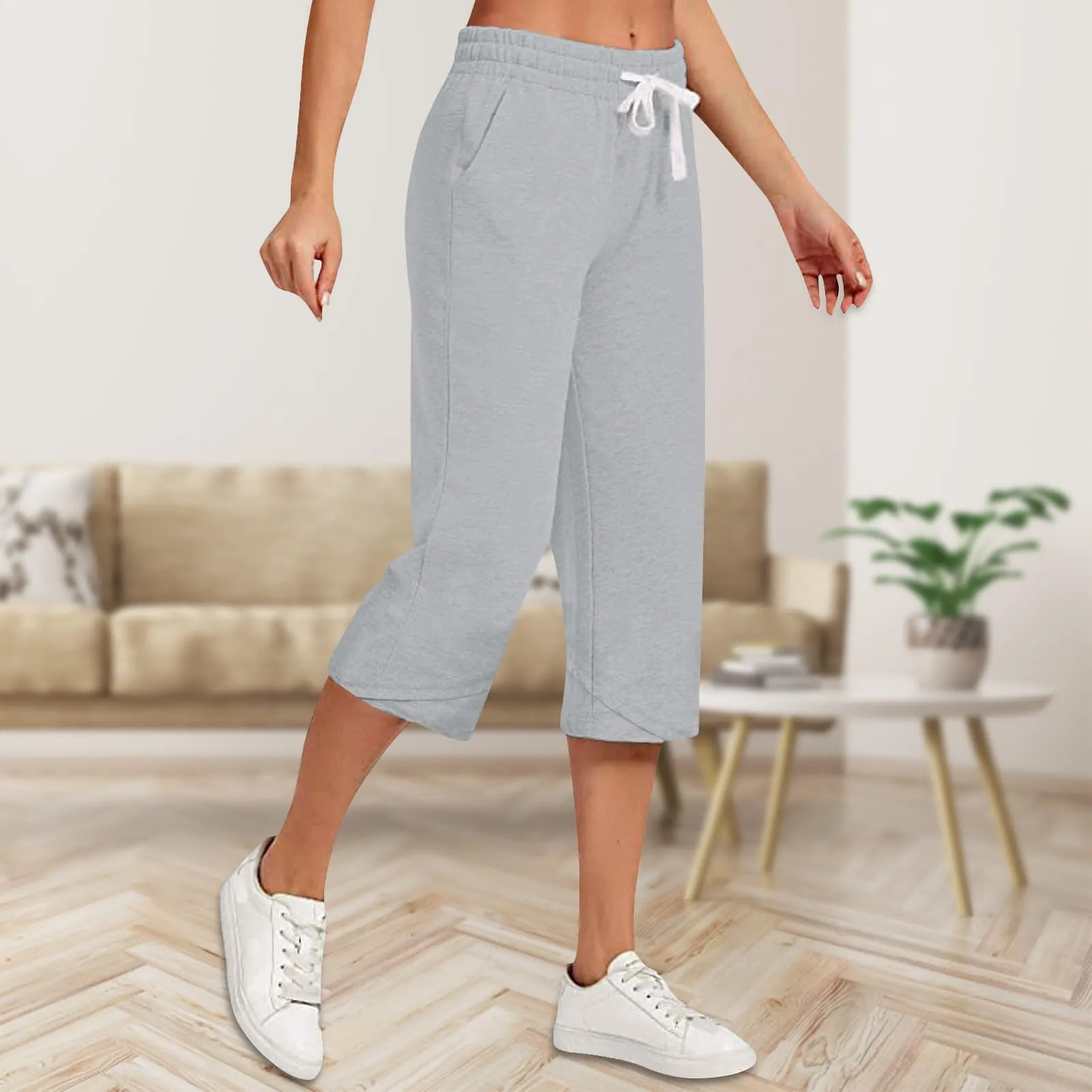 HEONSATI Donna Pinocchietti Pantaloni Capri in Cotone Estivi Leggeri con Coulisse Regolabile - immagine 2