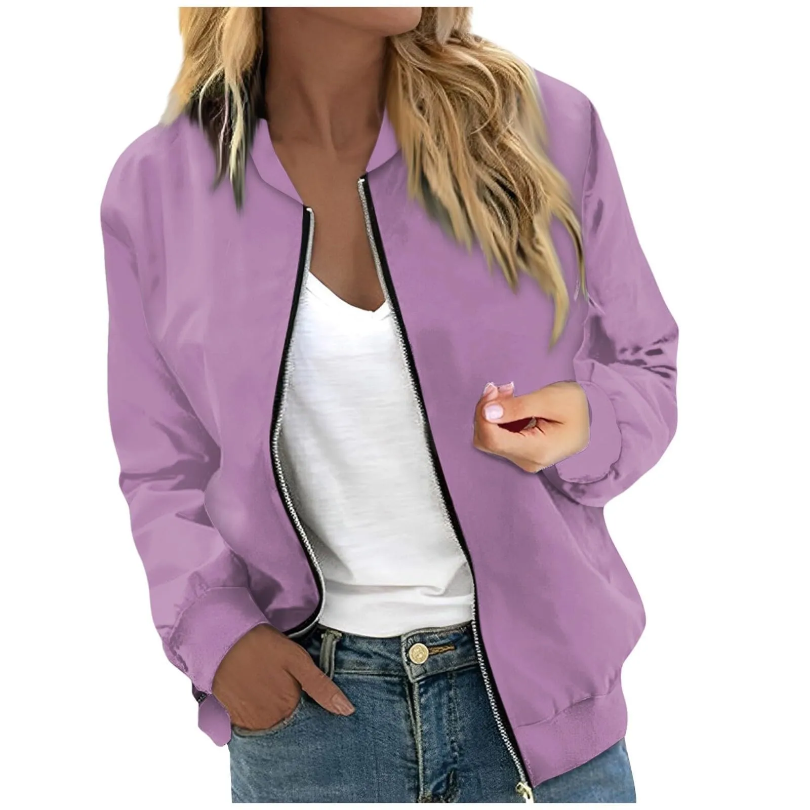 Generico Giubbino Leggero Donna Giacca Bomber Casual Zip Up Antivento con Tasche - immagine 1