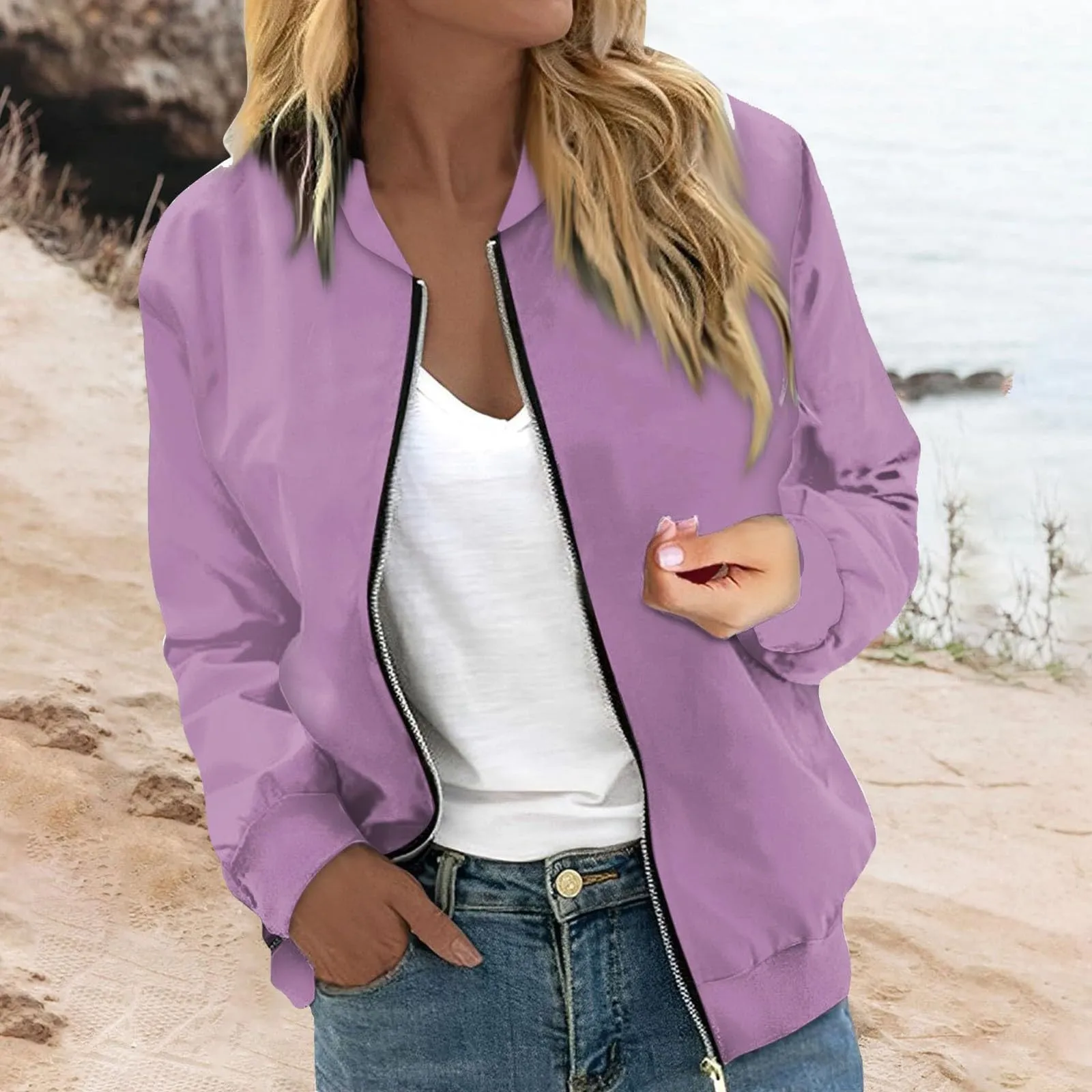 Generico Giubbino Leggero Donna Giacca Bomber Casual Zip Up Antivento con Tasche - immagine 2