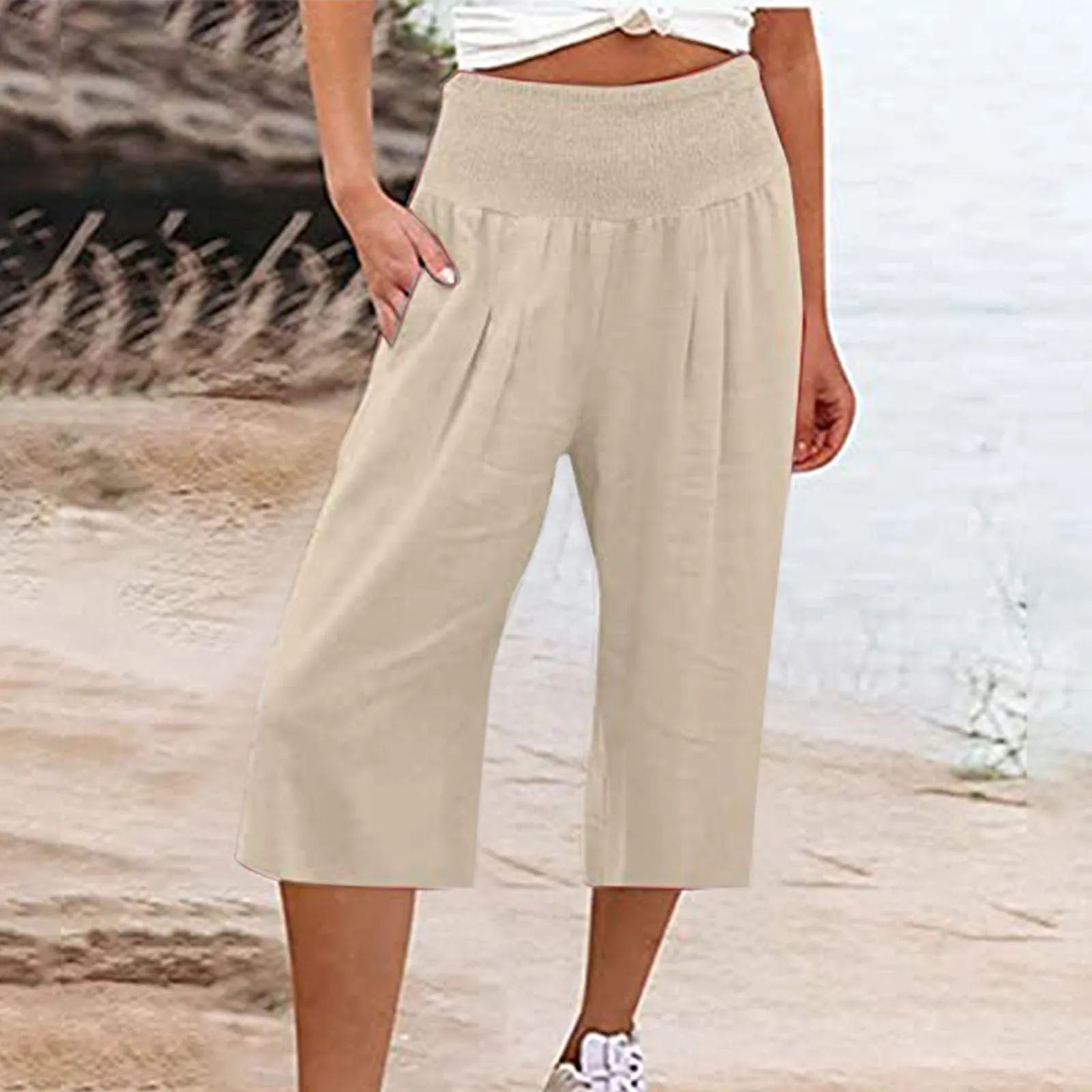 HEONSATI Pantaloni a Tre Quarti Donna in Cotone e Lino, Eleganti Capri Estivi Leggeri con Coulisse Regolabile, Modello Palazzo Baggy Curvy - immagine 2