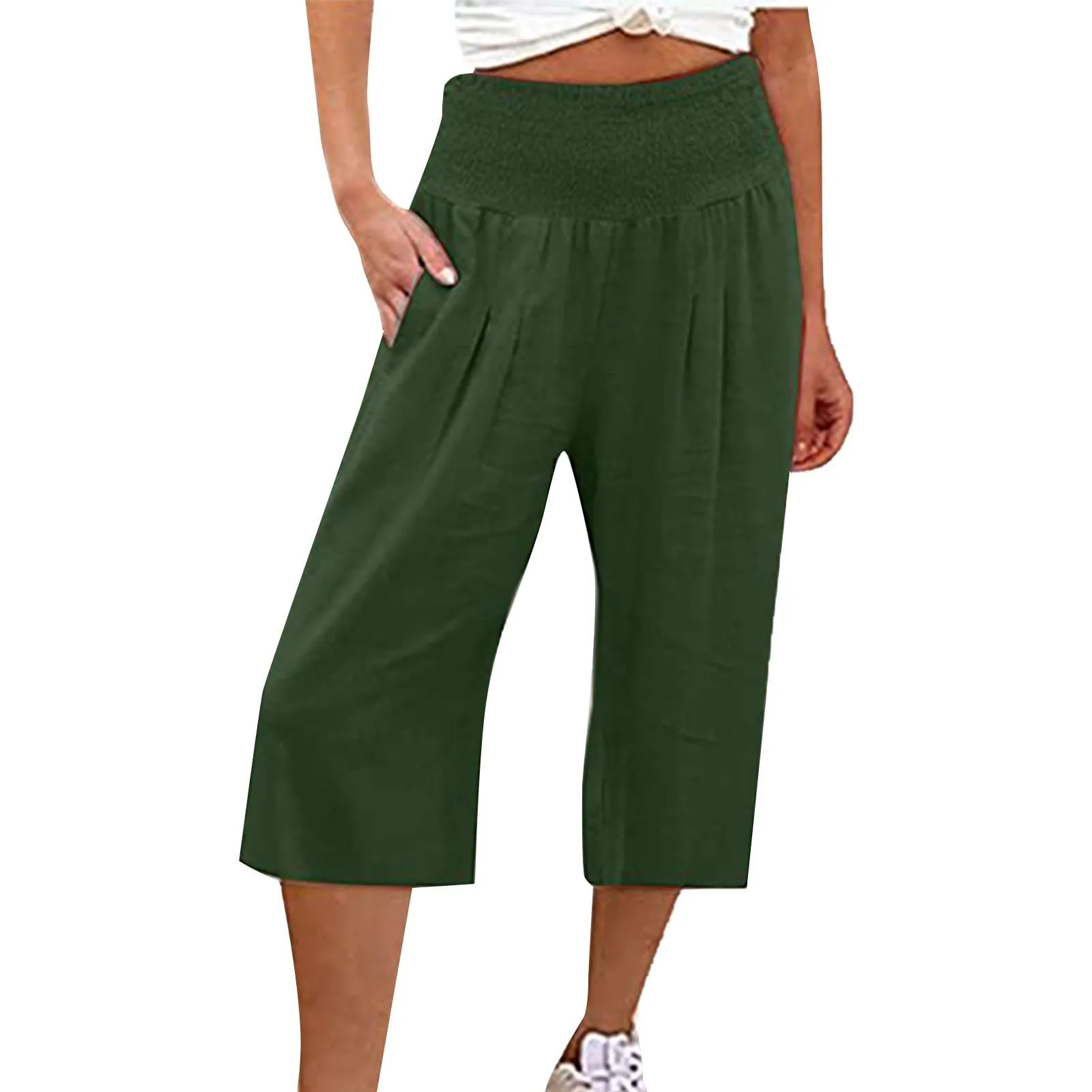 HEONSATI Pantaloni a Tre Quarti Donna in Cotone e Lino Capri Estivi Cropped con Coulisse Regolabile - immagine 1
