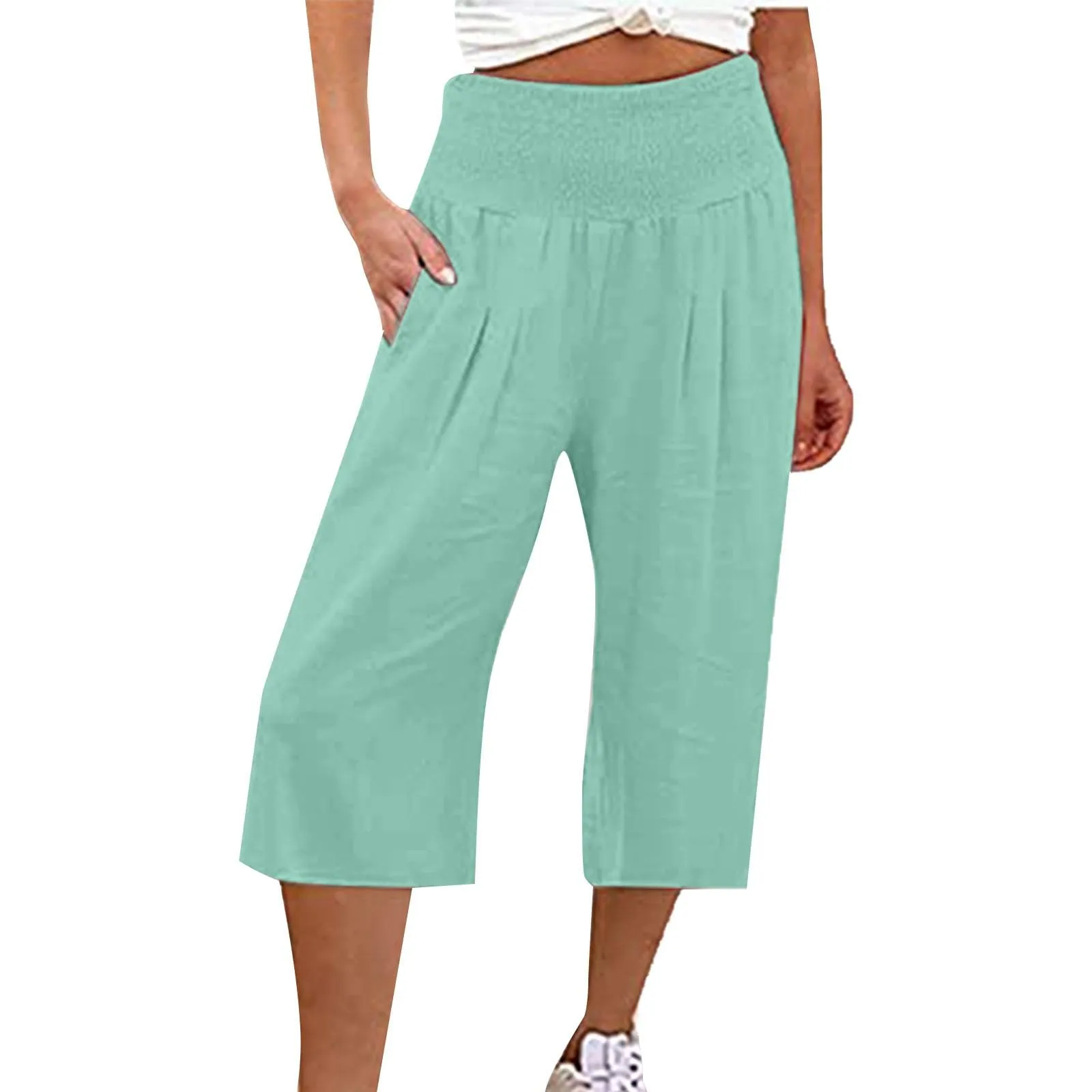 HEONSATI Pantaloni a Tre Quarti Donna in Cotone e Lino Capri Estivi Leggeri Cropped con Coulisse Regolabile - immagine 1