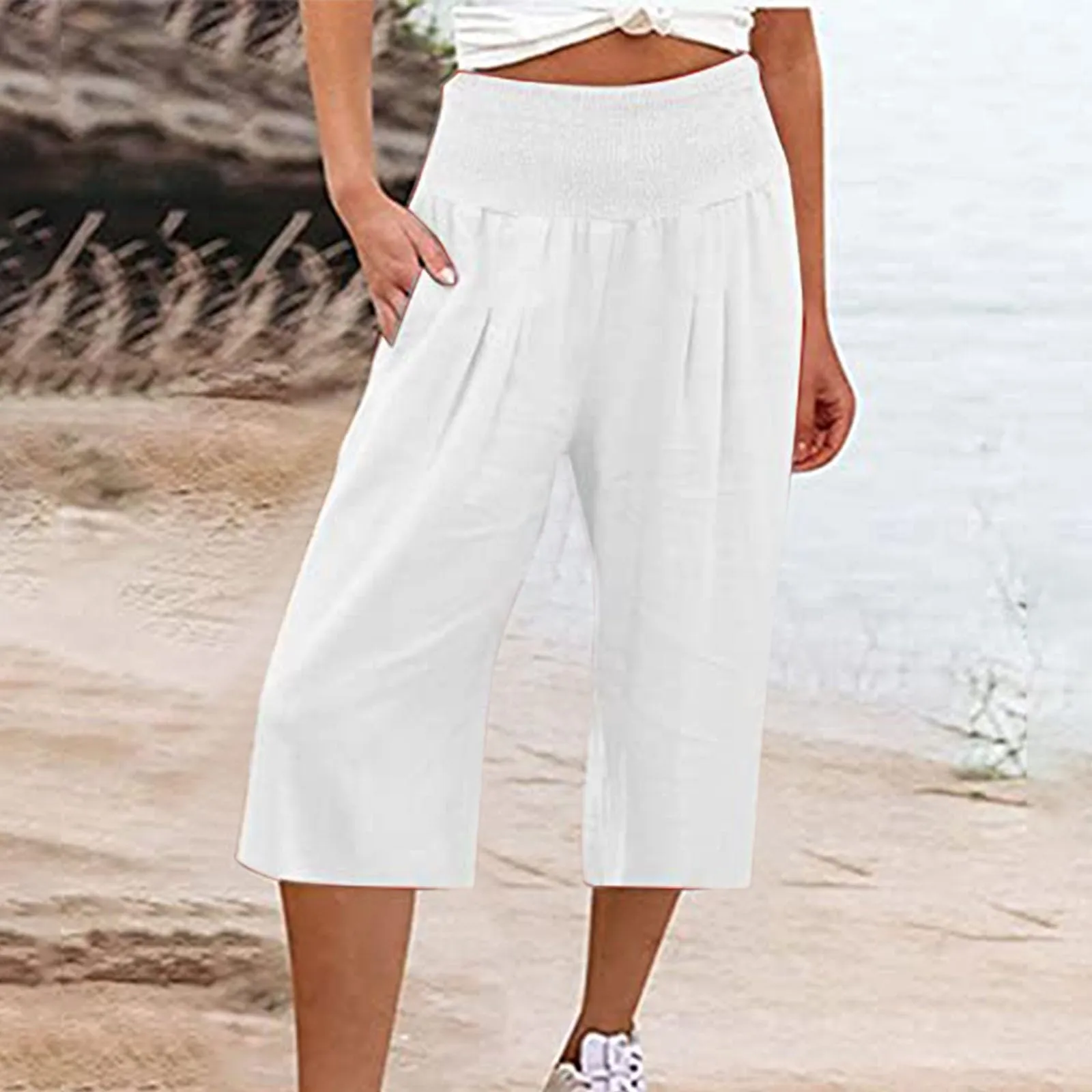 HEONSATI Pantaloni a Tre Quarti Donna in Cotone e Lino Capri Estivi Cropped con Coulisse Regolabile - immagine 2