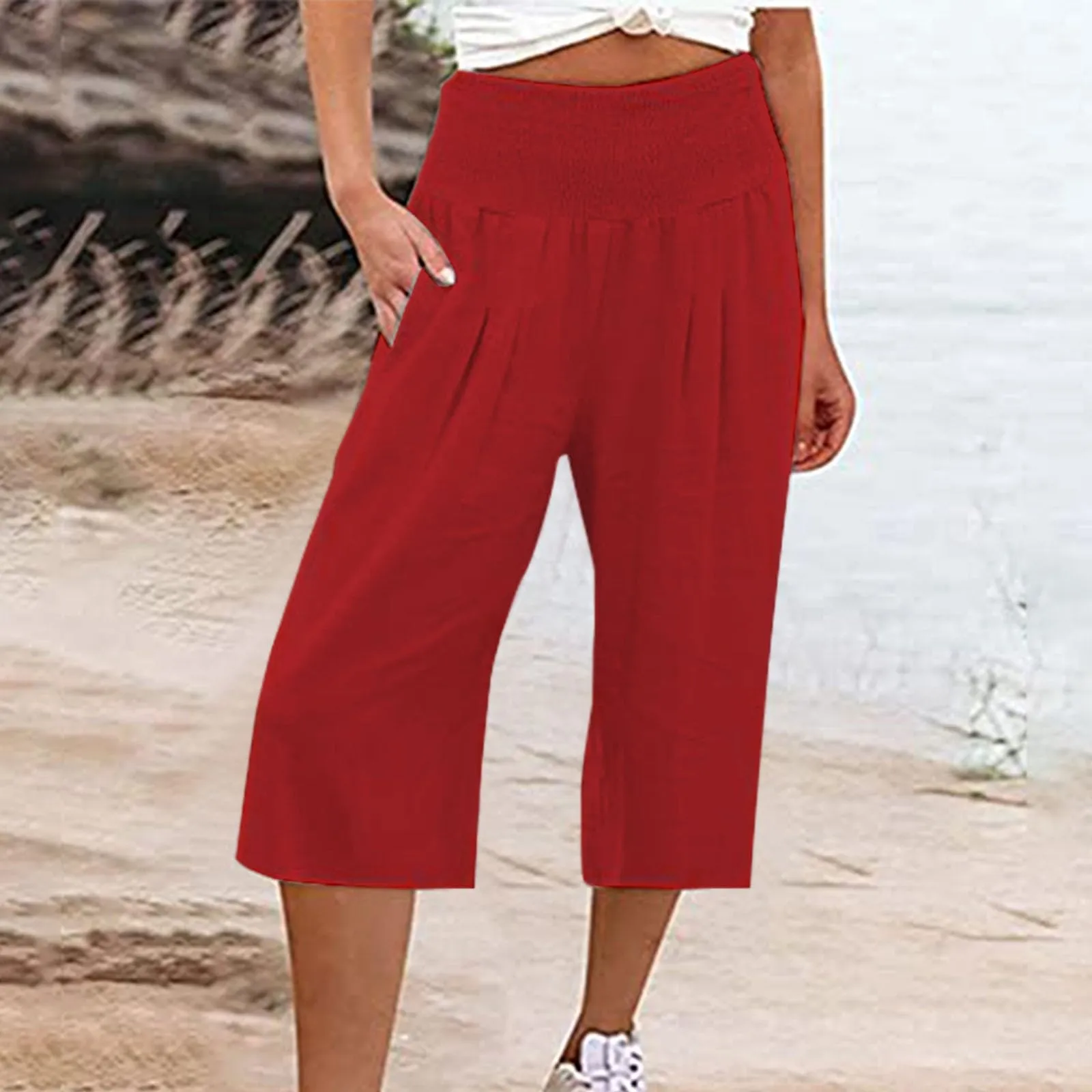 HEONSATI Pantaloni a Tre Quarti Donna in Cotone e Lino Capri Estivi Bermuda Cropped con Coulisse Regolabile - immagine 2