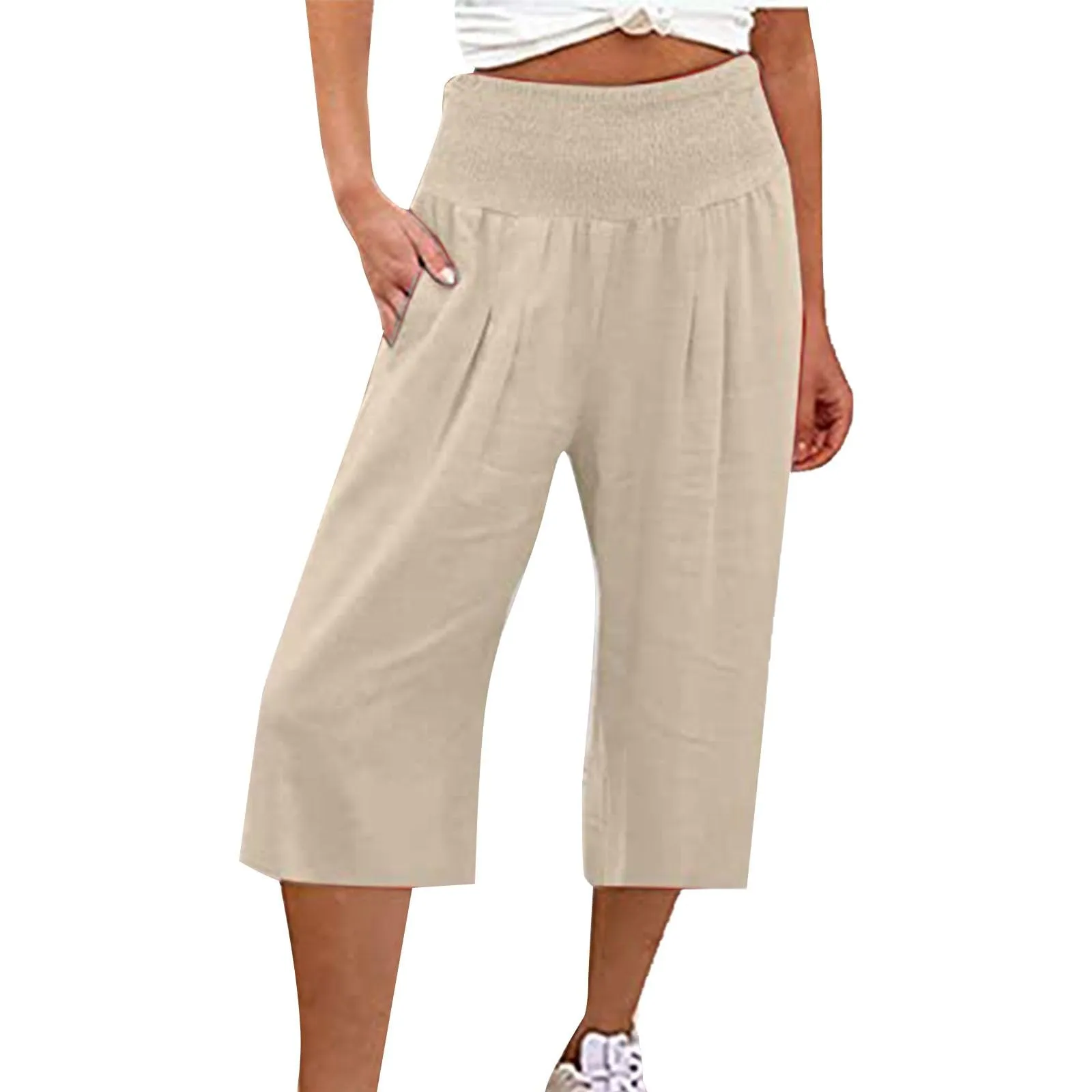 HEONSATI Pantaloni a Tre Quarti Donna in Cotone e Lino Capri Estivi Leggeri con Coulisse Regolabile - immagine 1