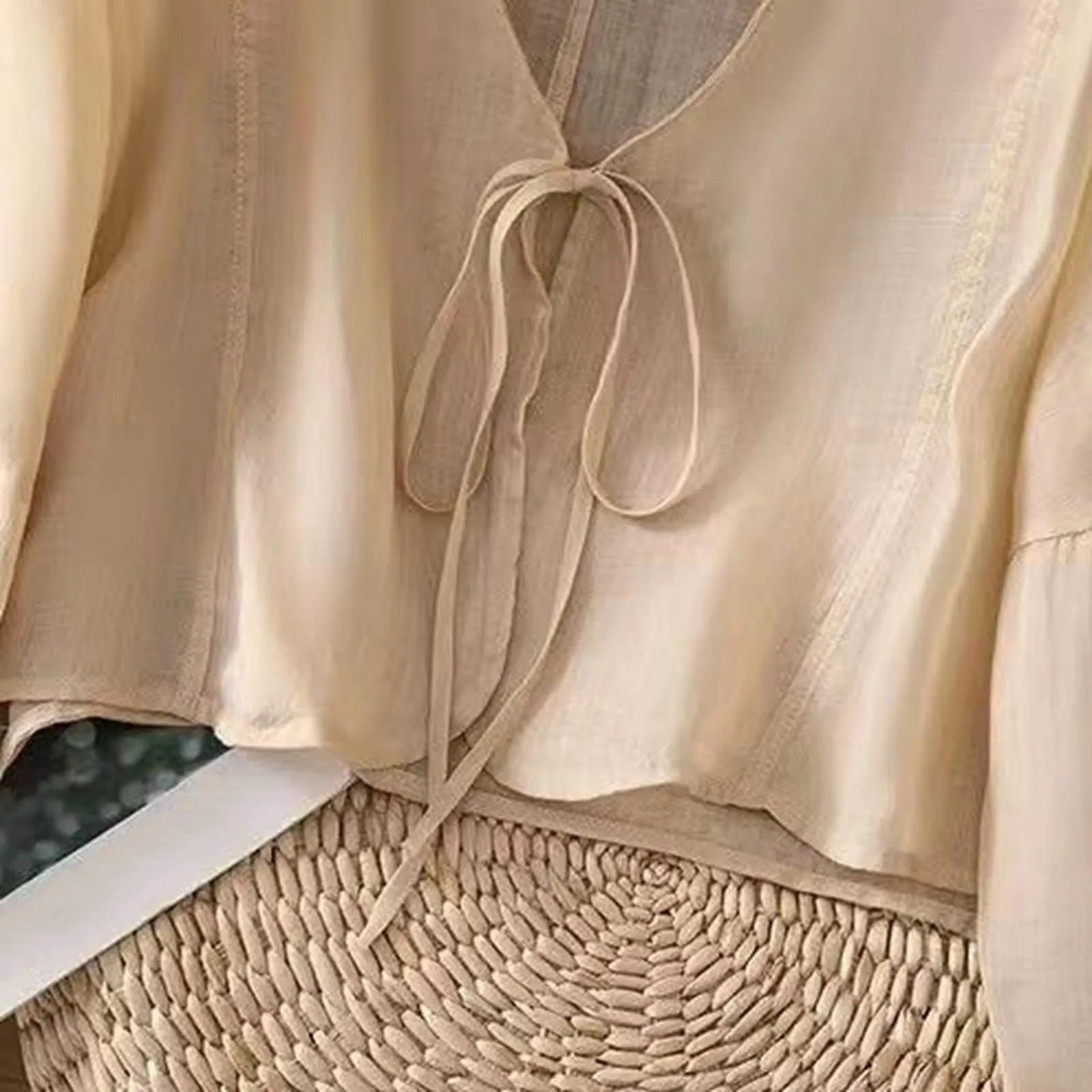 Vhersily Cardigan Donna Coprispalle in Chiffon Bolero Estivo Front Lace Up Hanfu in Lino Beige XL - immagine 9