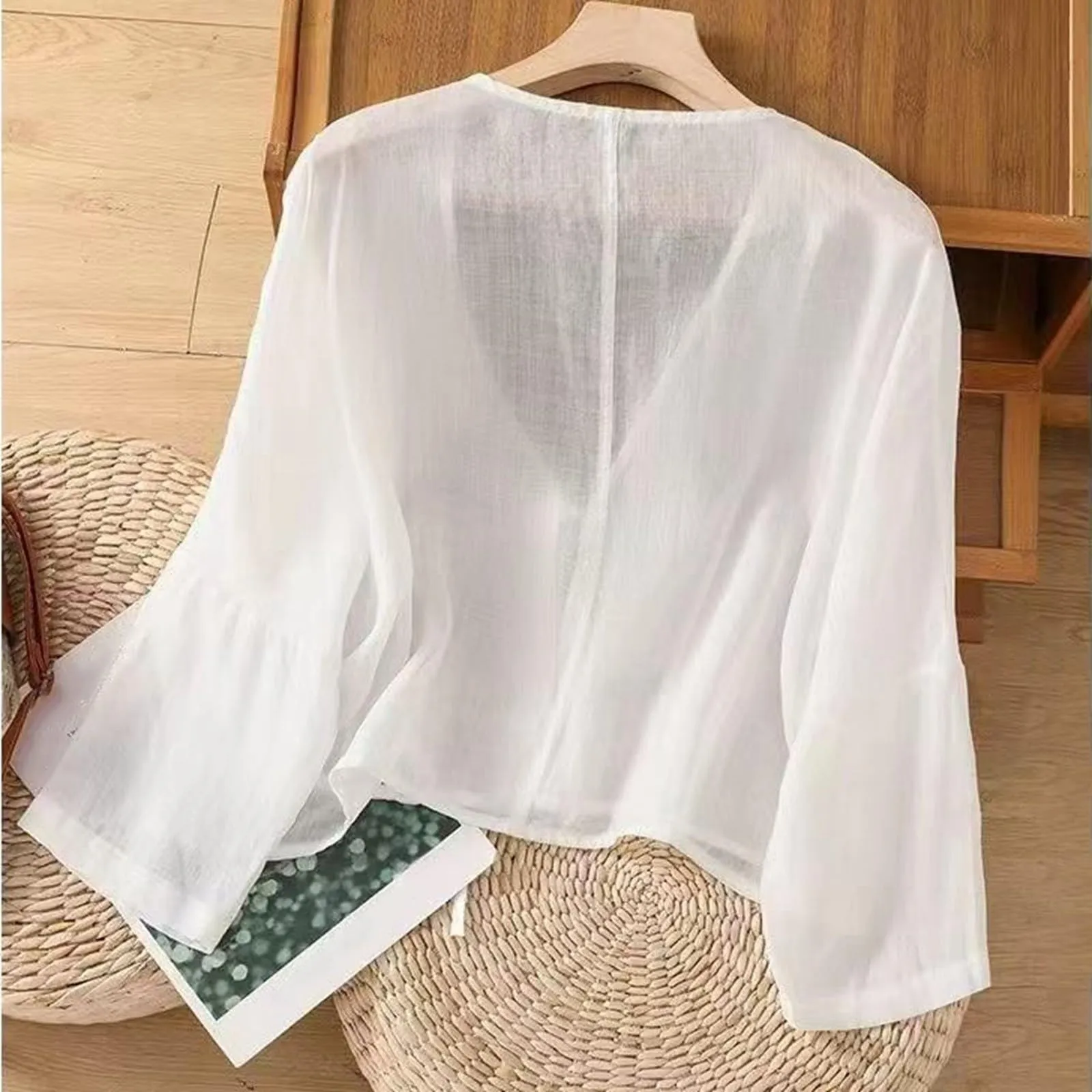 Vhersily Cardigan Donna Coprispalle in Chiffon Bolero Estivo Front Lace Up Giacche da Sera Abiti da Sposa Hanfu Camicia di Lino - immagine 3