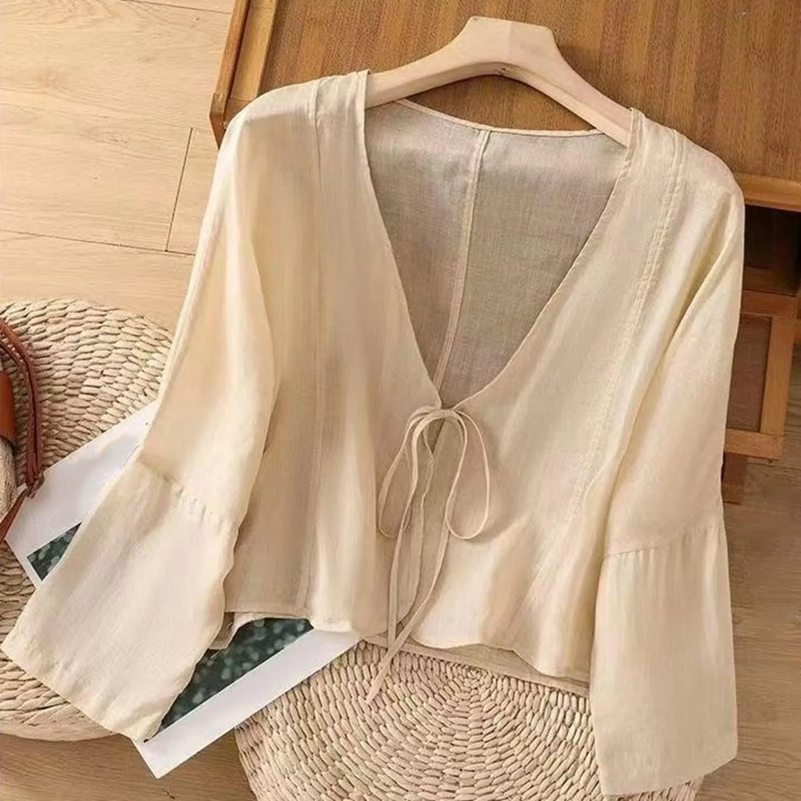 Vhersily Cardigan Donna Coprispalle in Chiffon Bolero Estivo Front Lace Up Hanfu in Lino - immagine 2