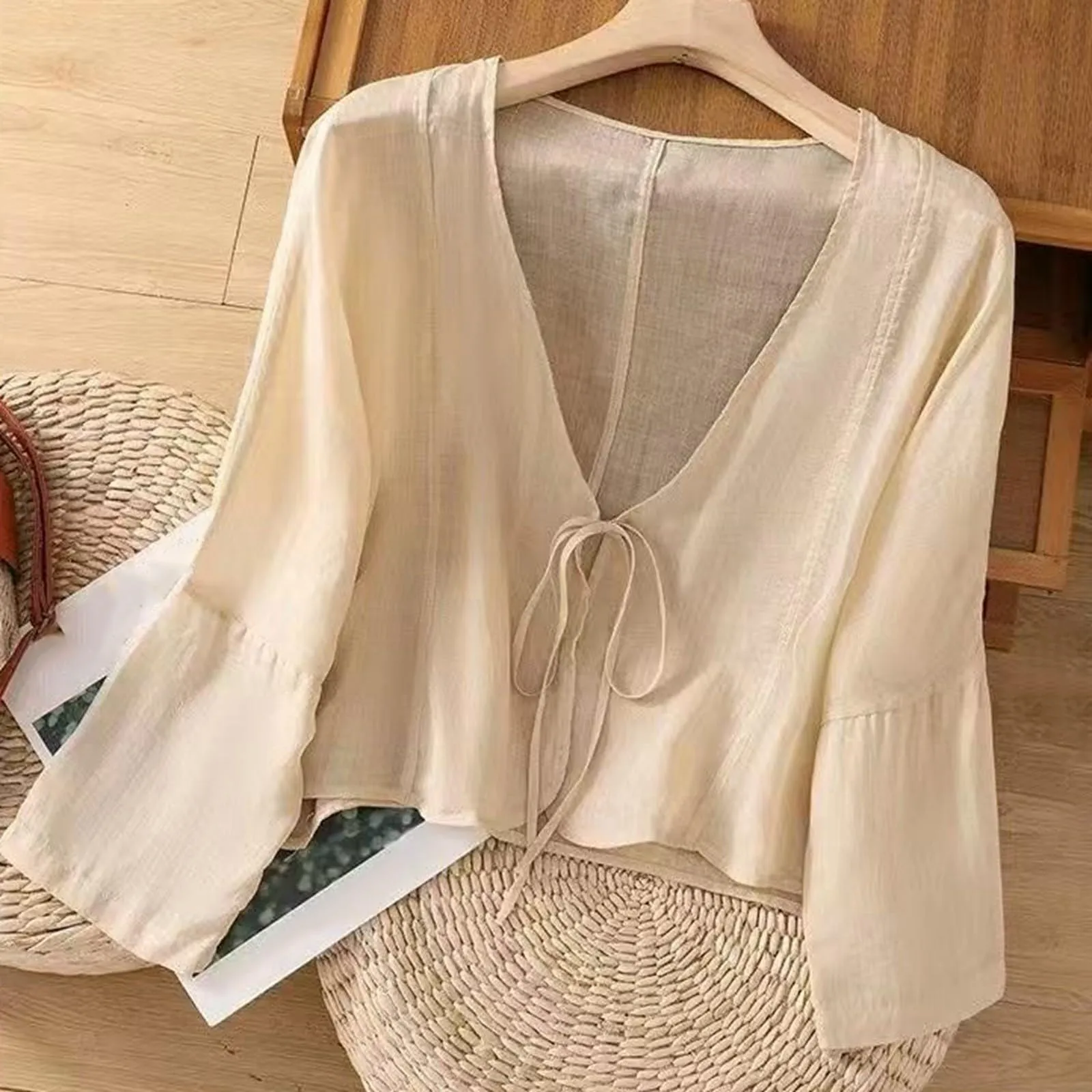 Vhersily Cardigan Donna Coprispalle in Chiffon Bolero Estivo Lace Up Hanfu Camicia di Lino Beige 3XL - immagine 3