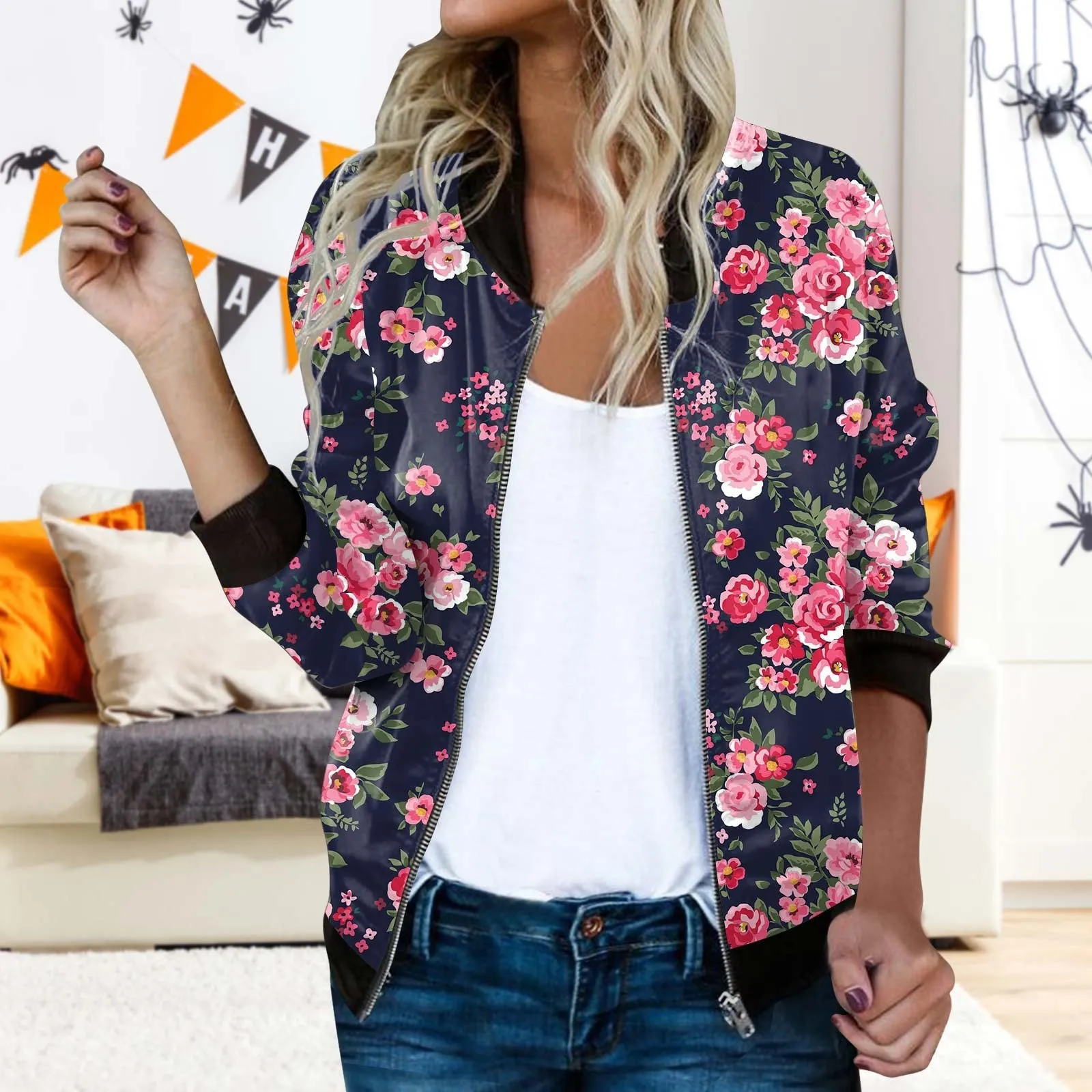 Generico Bomber Floreale Donna con Cerniera e Collo Alto, Giacca Leggera Primaverile Estiva - immagine 2
