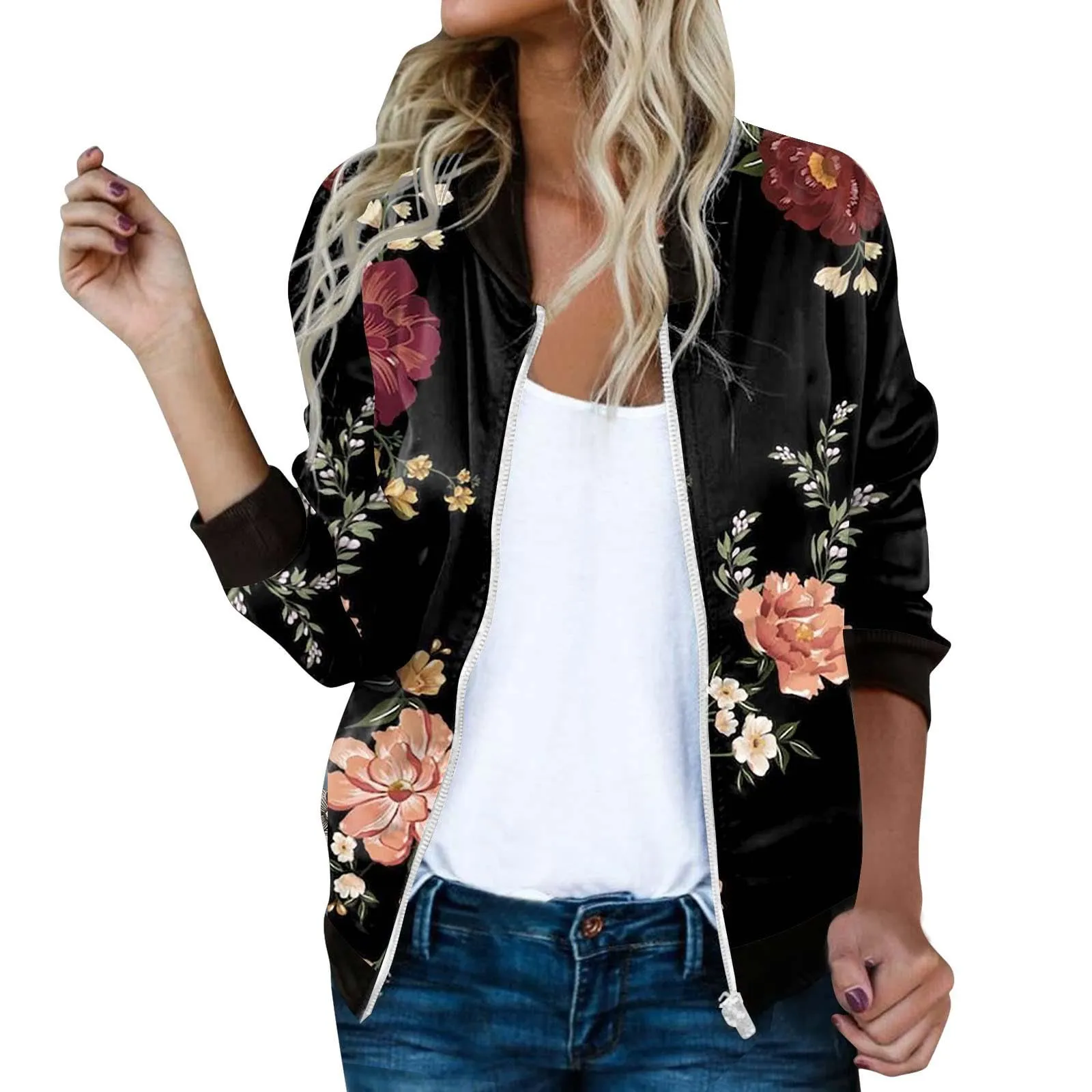 Generico Bomber Donna Floreale con Cerniera e Stand Up Collar, Giubbotto Primaverile Leggero - immagine 1