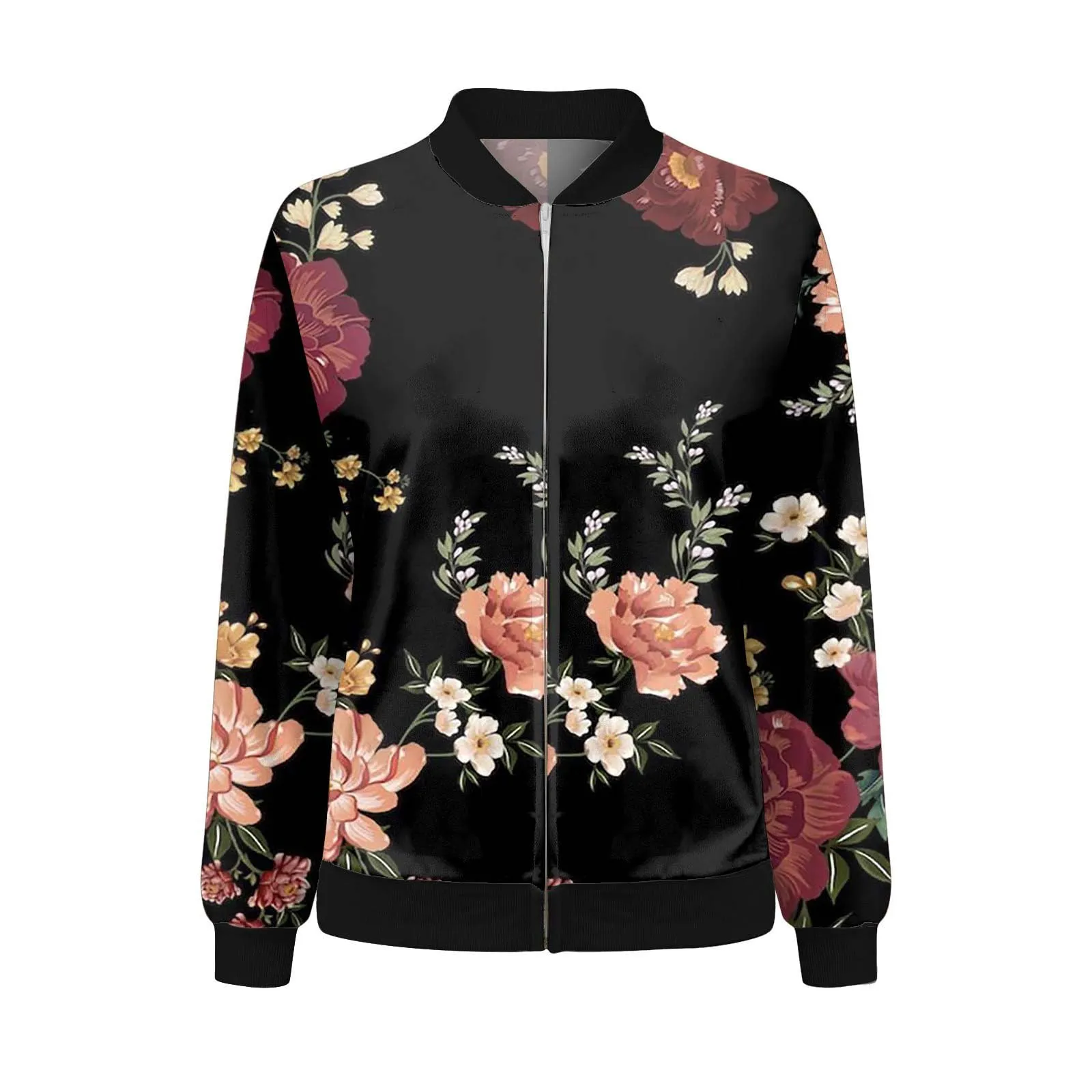 Generico Bomber Donna Floreale con Cerniera e Stand Up Collar, Giubbotto Primaverile Leggero - immagine 4