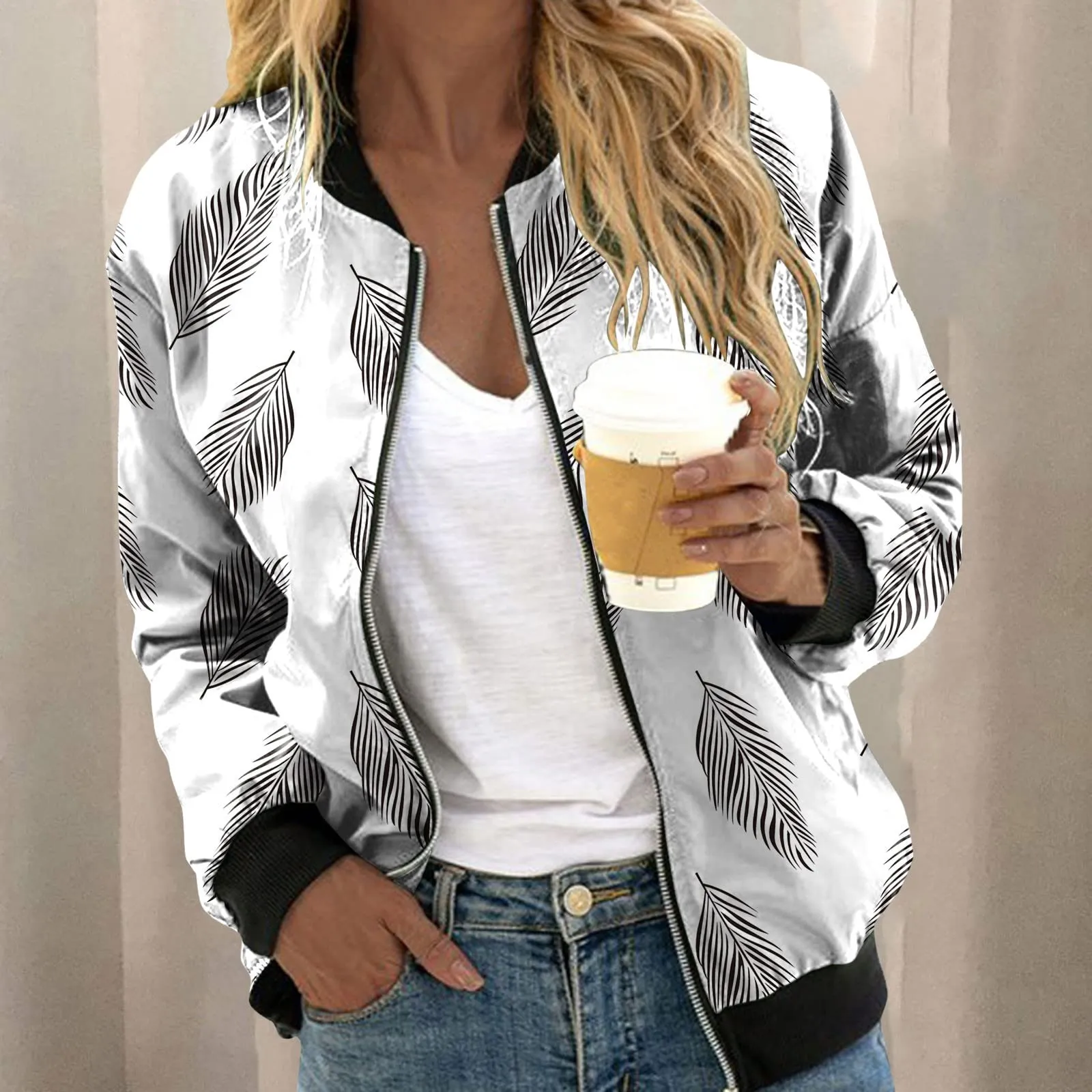 Generico Bomber Donna Floreale a Manica Lunga con Cerniera e Stand Up Collar - immagine 3