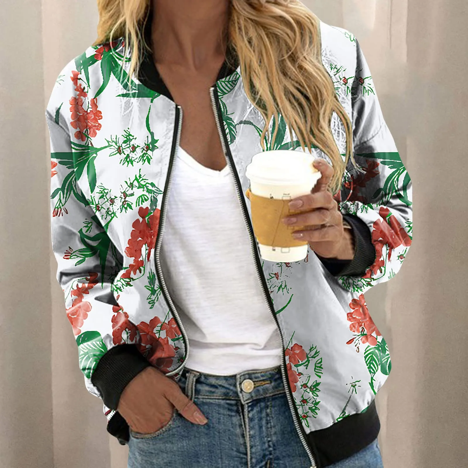 Generico Bomber Donna Floreale con Cerniera e Collo Alto, Giacca Leggera Primaverile Estiva - immagine 3