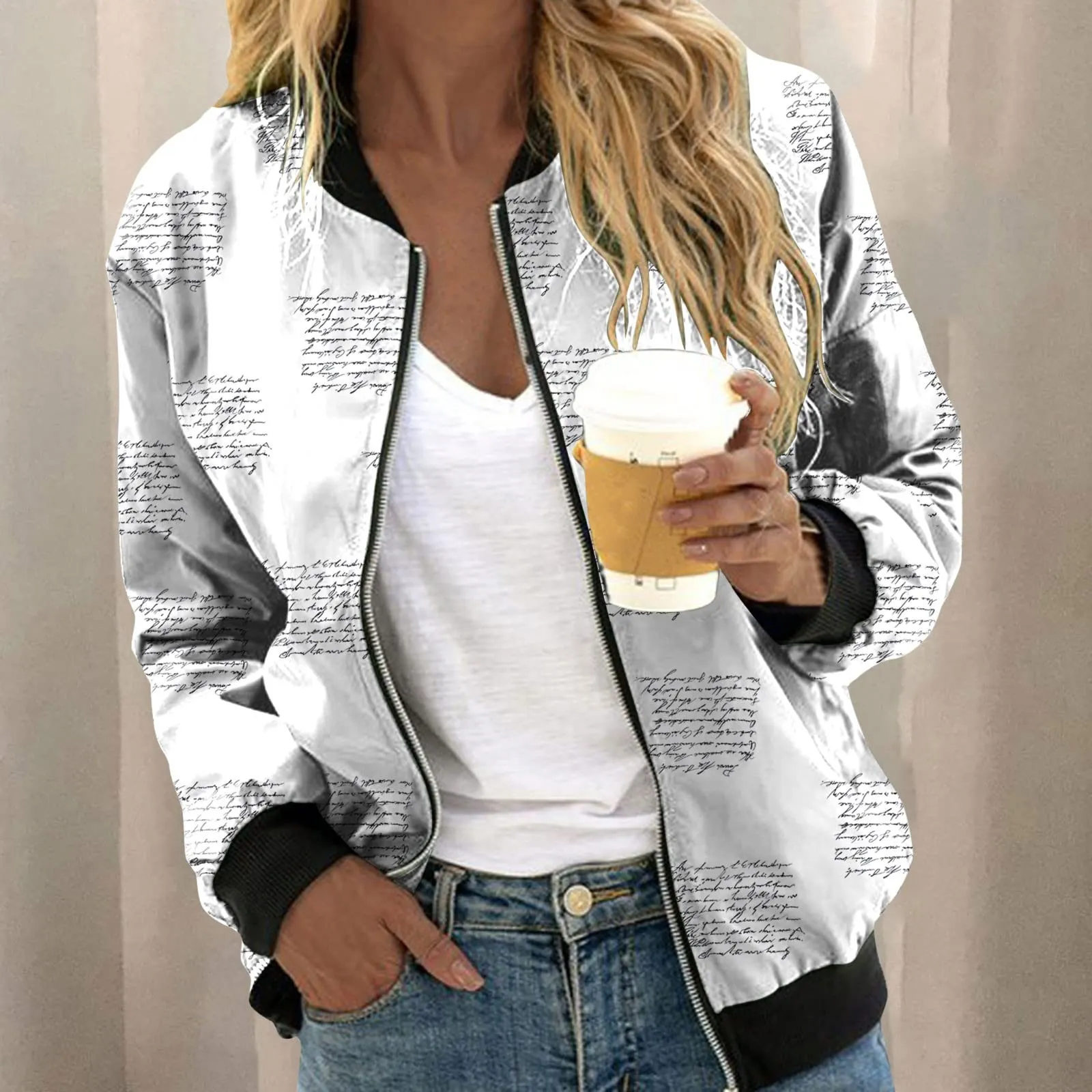 Generico Bomber Donna Floreale con Cerniera e Collo Alto, Giubbotto Primaverile Leggero - immagine 3