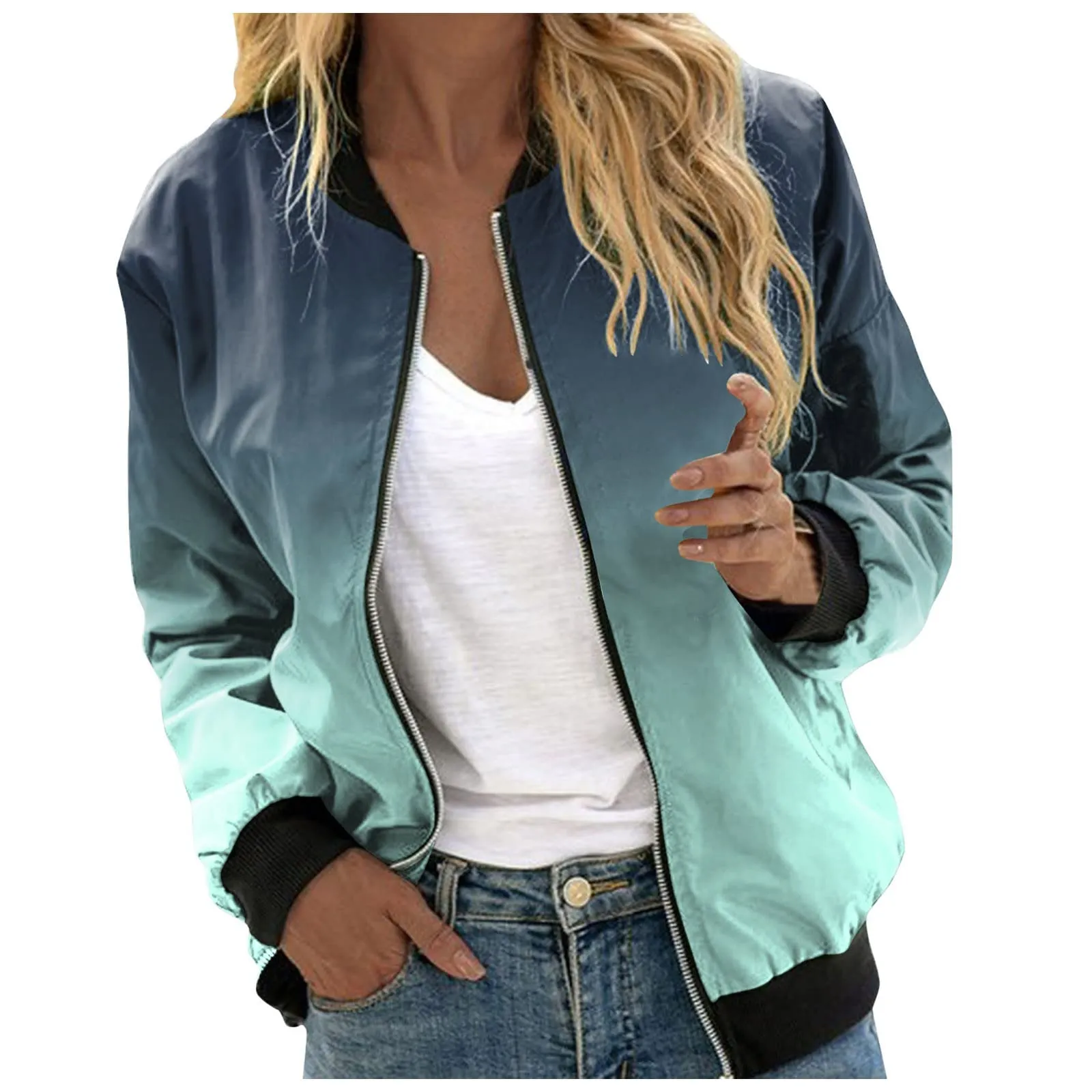 Generico Bomber Donna Floreale a Manica Lunga con Cerniera e Stand Up Collar, Giubbotto Primaverile Leggero - immagine 1