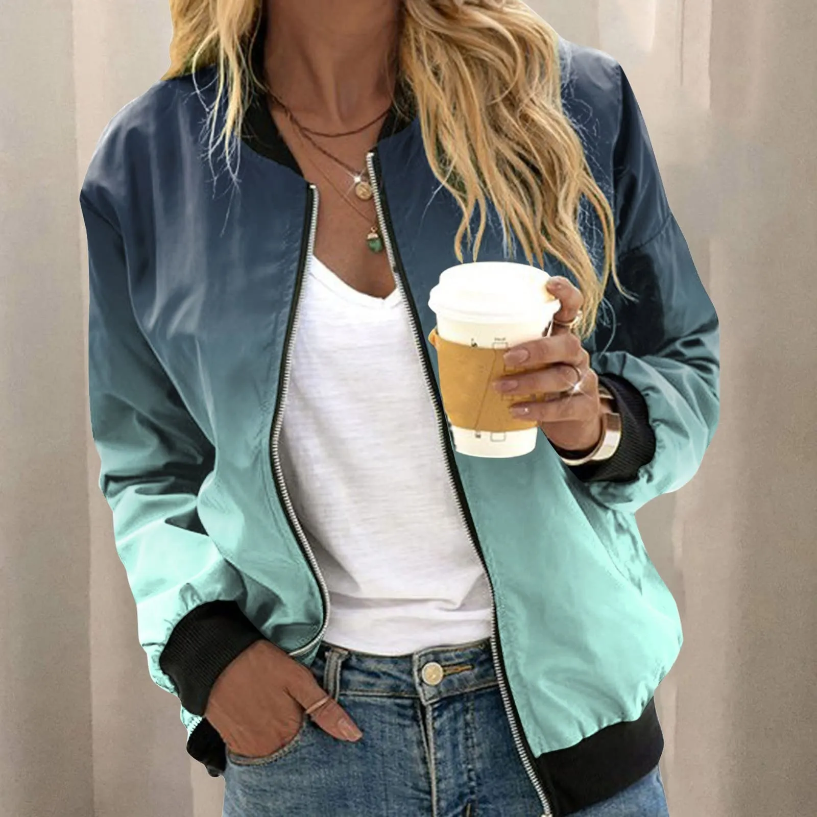 Generico Bomber Donna Floreale a Manica Lunga con Cerniera e Stand Up Collar, Giubbotto Primaverile Leggero - immagine 2