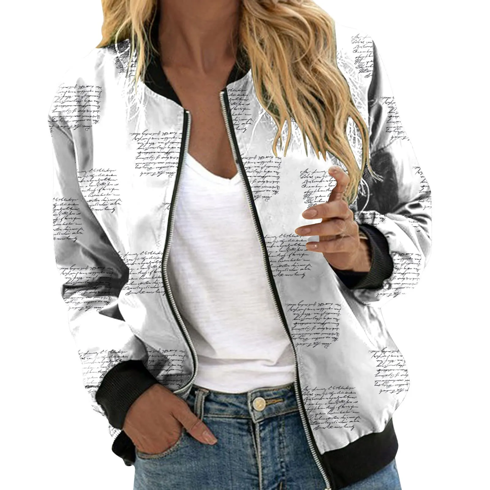 Generico Bomber Donna Floreale con Cerniera e Collo Alto, Giubbotto Primaverile Leggero - immagine 1