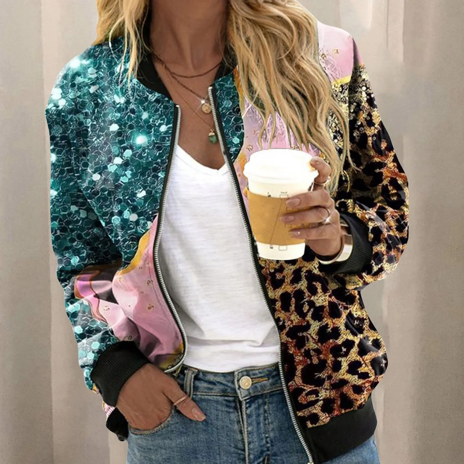 Generico Bomber Donna Floreale con Cerniera e Collo Alto, Giubbotto Primaverile Leggero - immagine 2