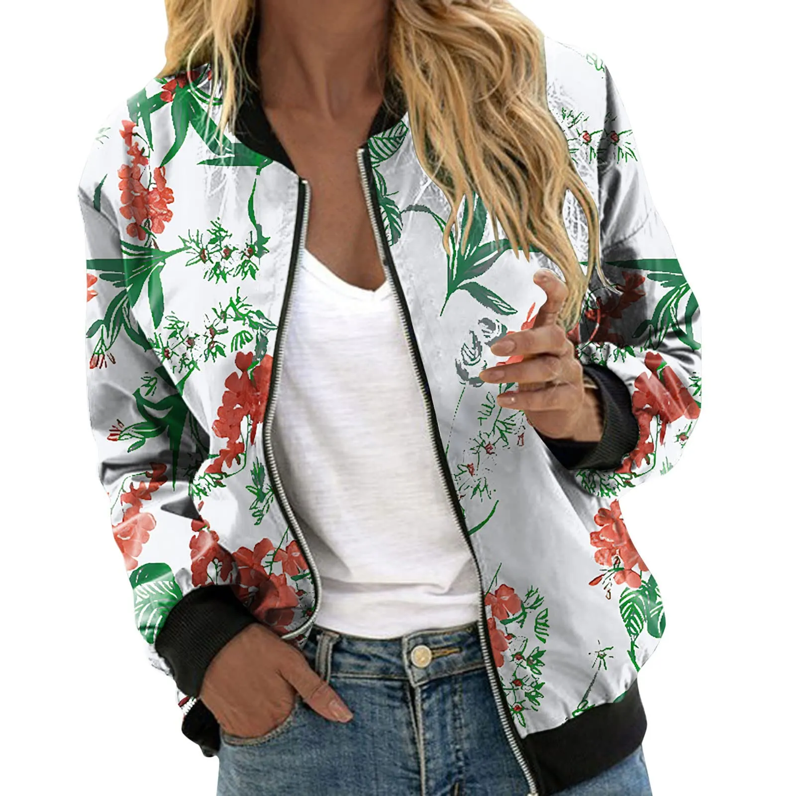 Generico Bomber Donna Floreale con Cerniera e Collo Alto, Giacca Leggera Primaverile Estiva - immagine 1