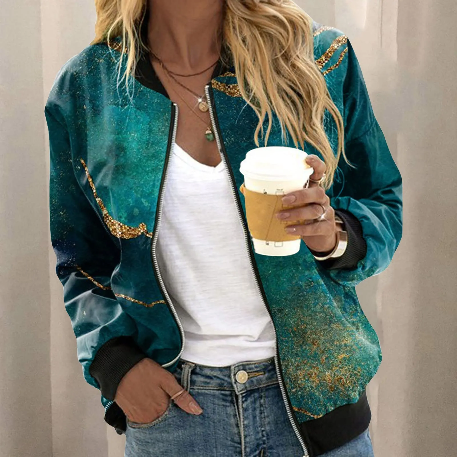 Generico Bomber Donna Floreale con Cerniera e Collo Alto, Giubbotto Leggero Primaverile Estivo - immagine 2