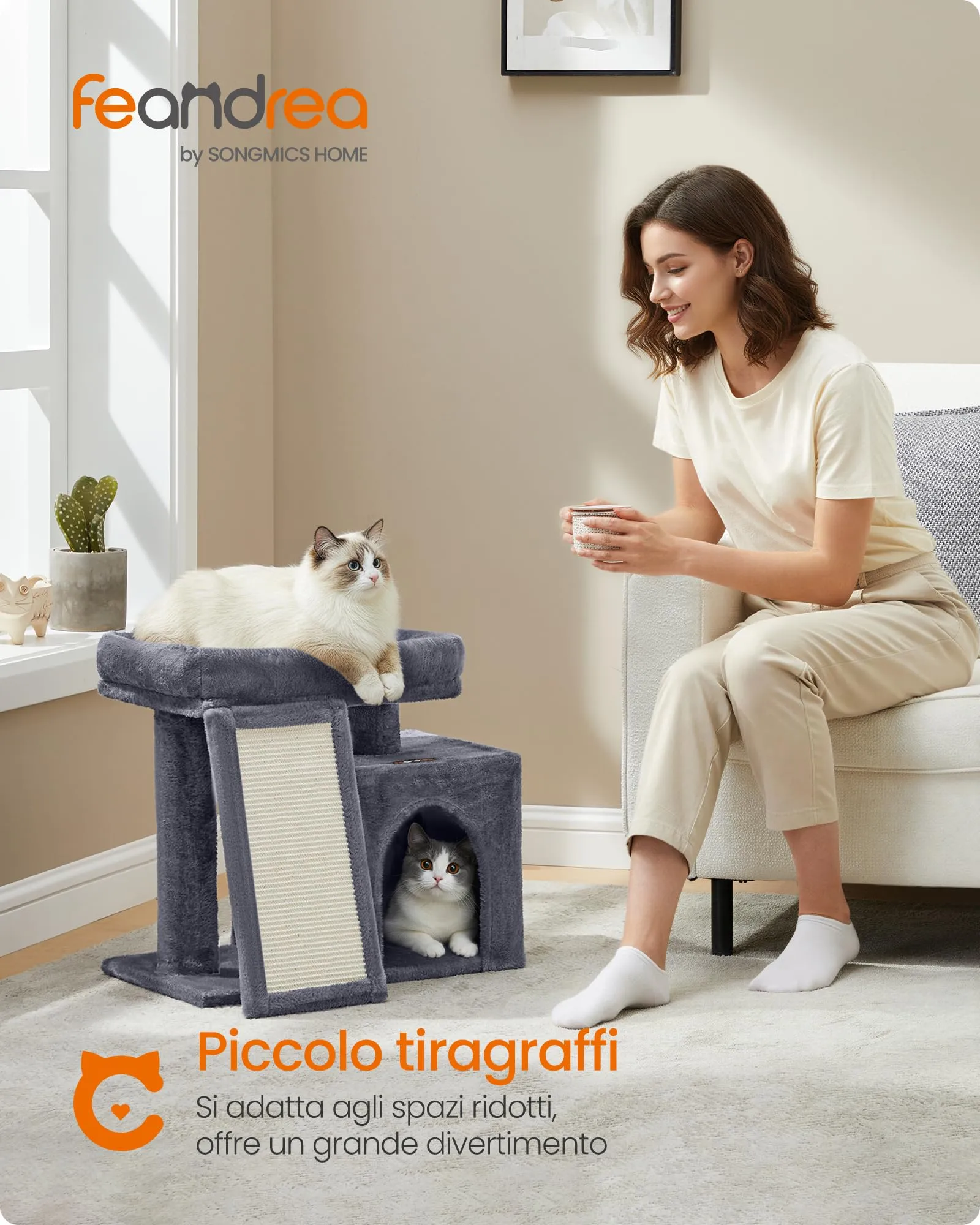 Feandrea Albero per Gatti con Tiragraffi in Sisal e Peluche, 50 x 40 x 90 cm, Grigio Tortora - immagine 2