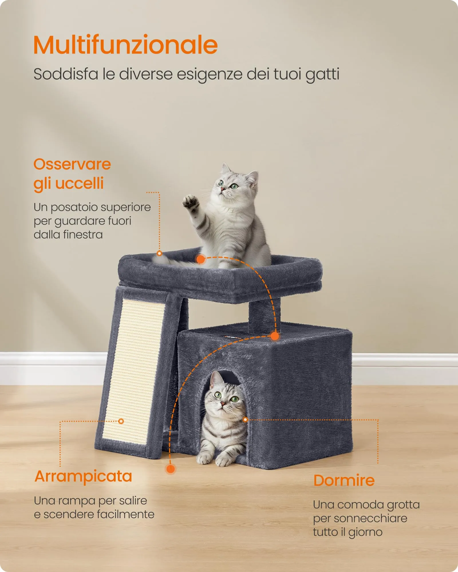 Feandrea Albero per Gatti con Tiragraffi in Sisal e Peluche, 50 x 40 x 90 cm, Grigio Tortora - immagine 3