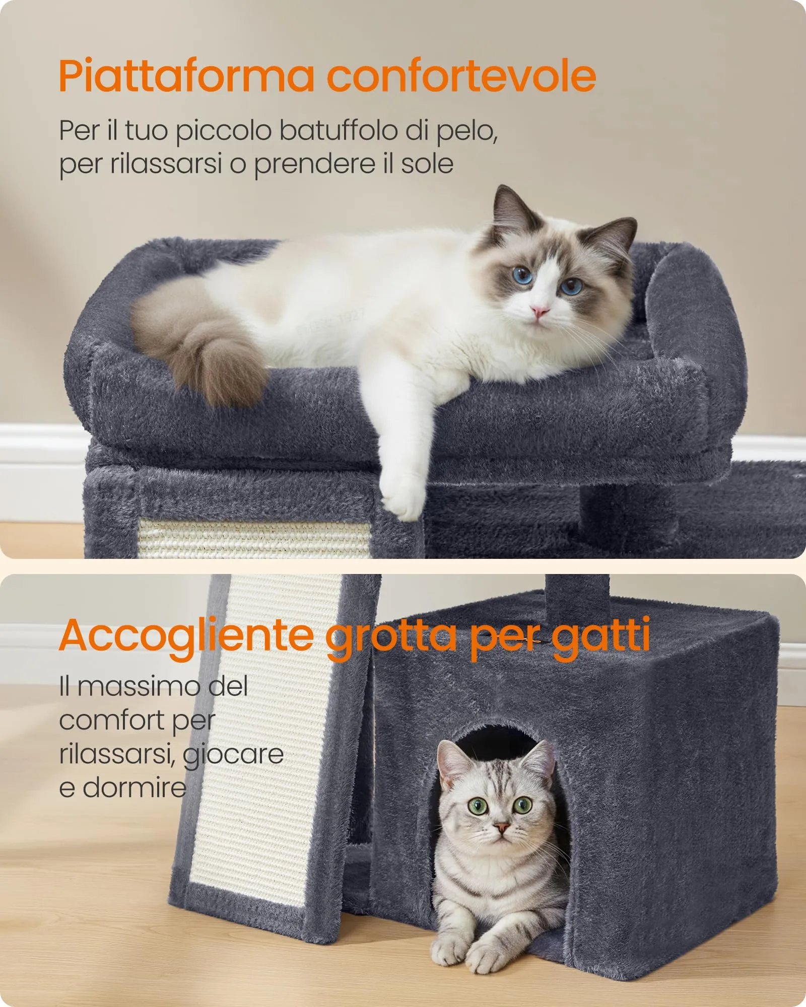 Feandrea Albero per Gatti con Tiragraffi in Sisal e Peluche, 50 x 40 x 90 cm, Grigio Tortora - immagine 4