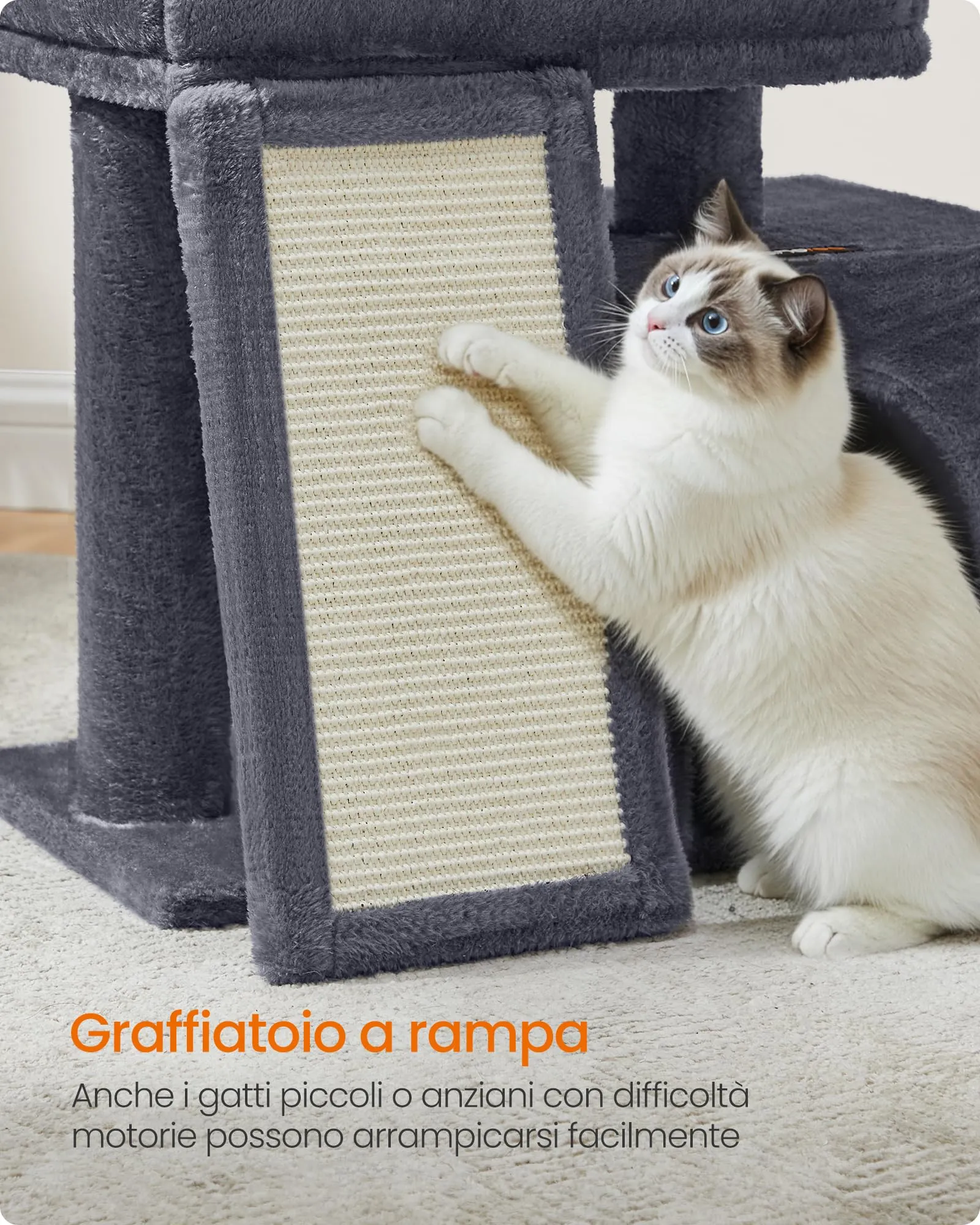 Feandrea Albero per Gatti con Tiragraffi in Sisal e Peluche, 50 x 40 x 90 cm, Grigio Tortora - immagine 5