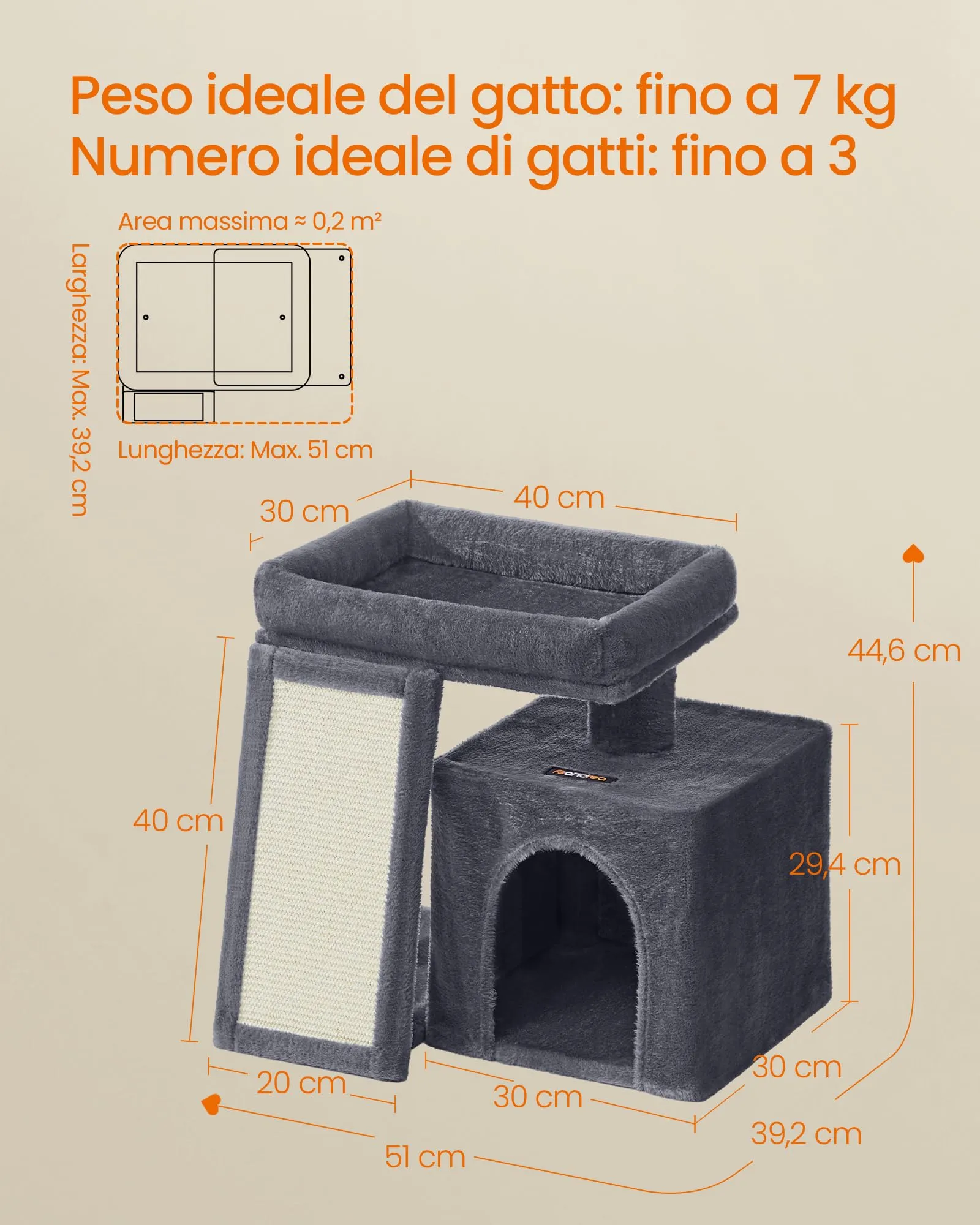 Feandrea Albero per Gatti con Tiragraffi in Sisal e Peluche, 50 x 40 x 90 cm, Grigio Tortora - immagine 6
