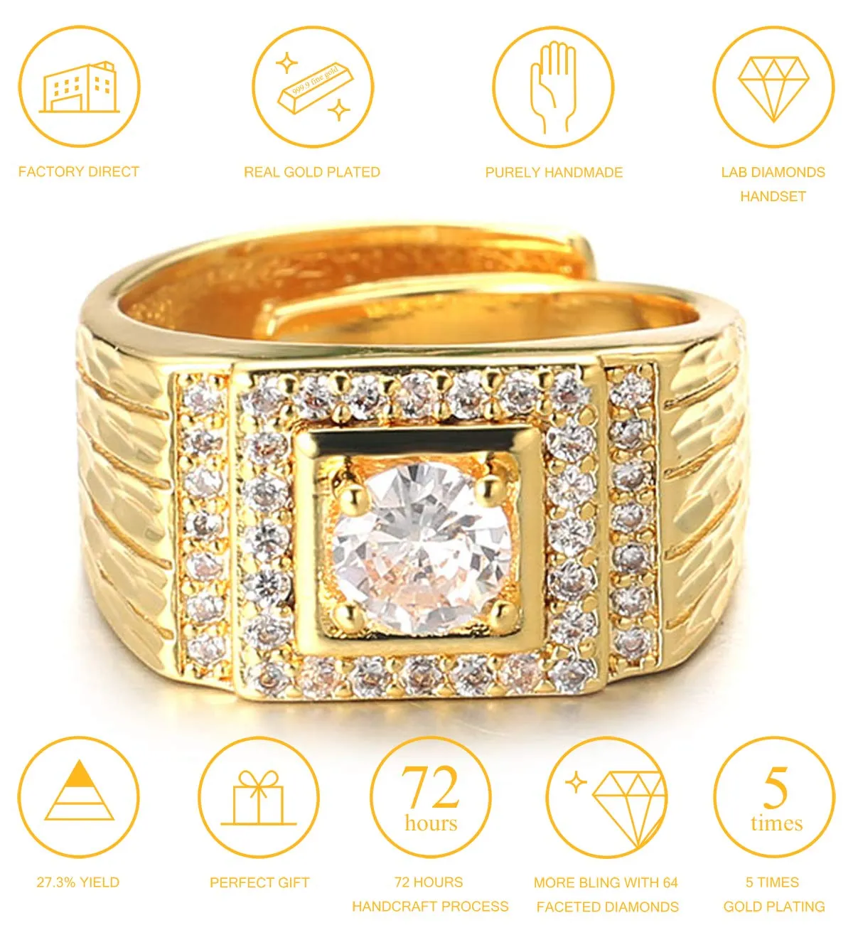 HALUKAKAH Anello in Oro 18 Carati con Diamanti Iced Out per Uomo, Taglia Regolabile - immagine 2