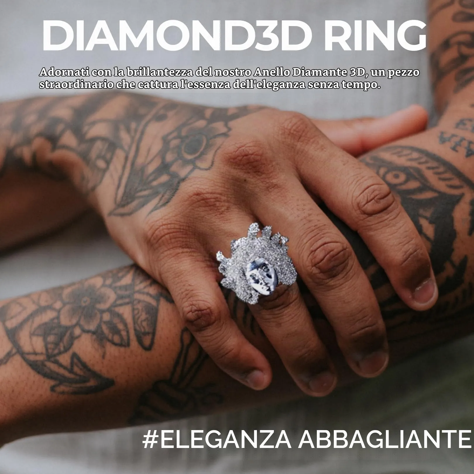 HALUKAKAH Anello Medusa Diamanti Iced Out, Finitura in Oro Bianco Platino per Uomo, Diamanti da Laboratorio, Misura Regolabile - immagine 3
