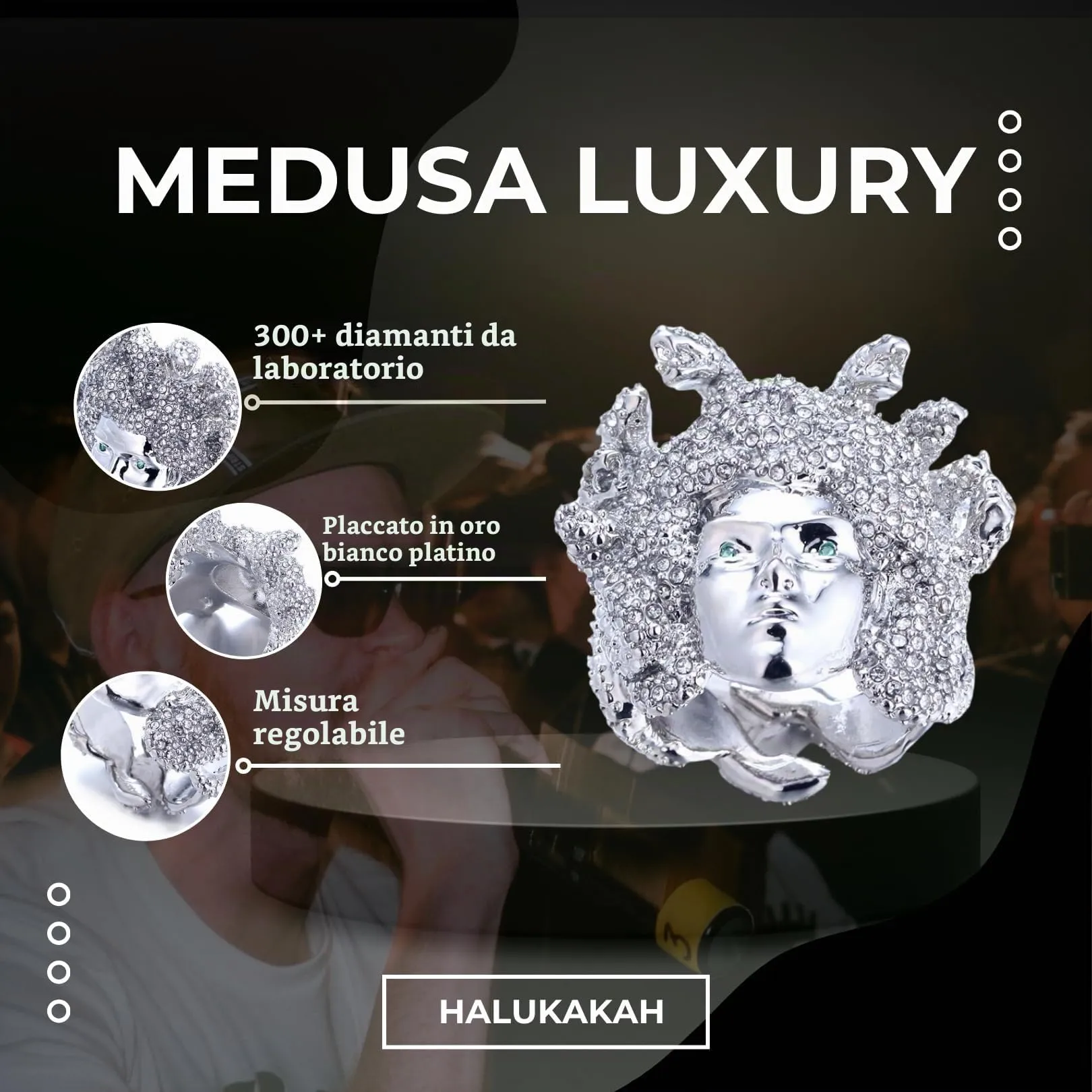 HALUKAKAH Anello Medusa Diamanti Iced Out, Finitura in Oro Bianco Platino per Uomo, Diamanti da Laboratorio, Misura Regolabile - immagine 4