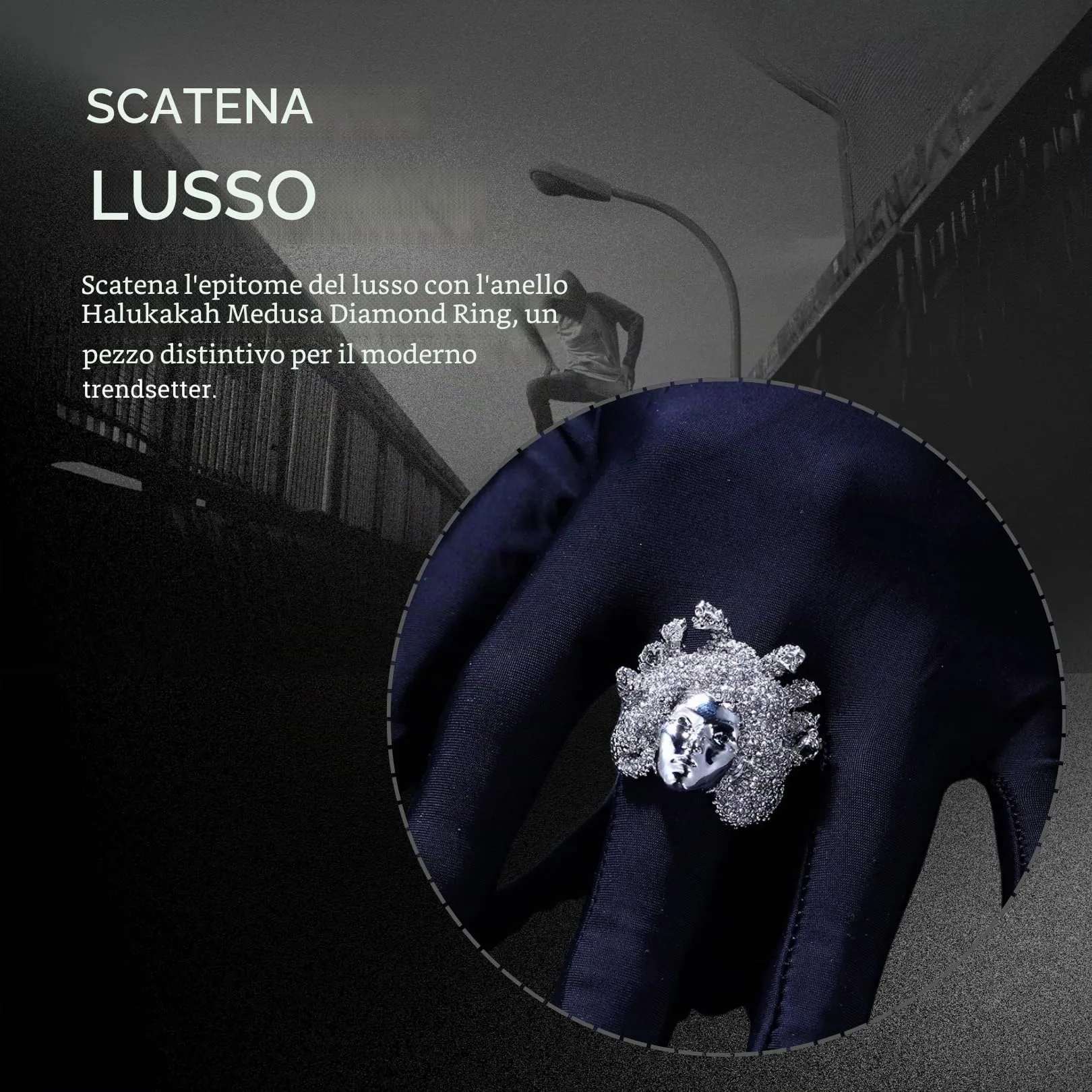 HALUKAKAH Anello Medusa Diamanti Iced Out, Finitura in Oro Bianco Platino per Uomo, Diamanti da Laboratorio, Misura Regolabile - immagine 6